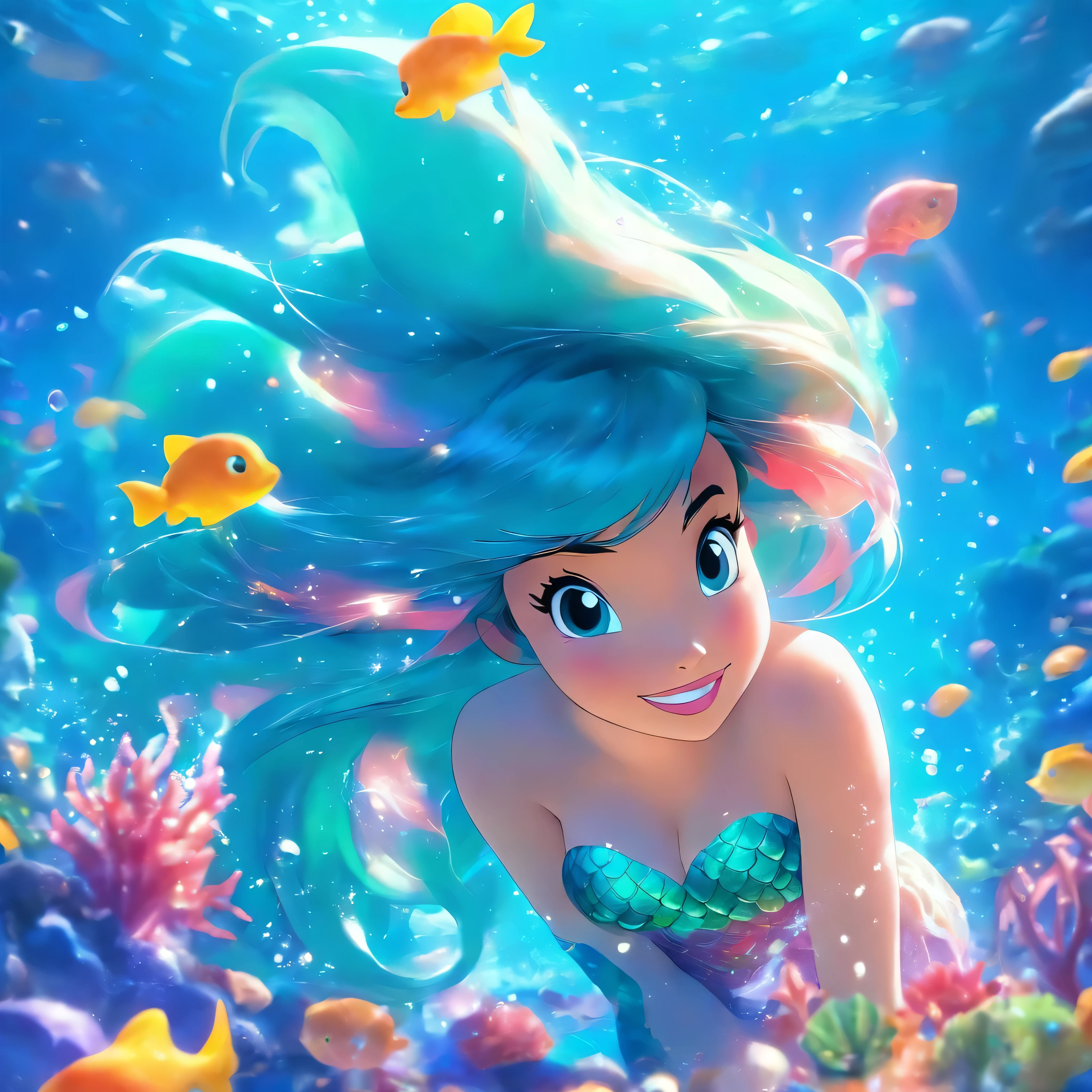 HighestQuali，tmasterpiece：1.2，Detailed details，A -yeld wo dressed up as a portrait of Ariel the Little Mermaid of Disney，Exquisite facial features，She held a starfish in her hand，She sits by the sea，There is foam everywhere