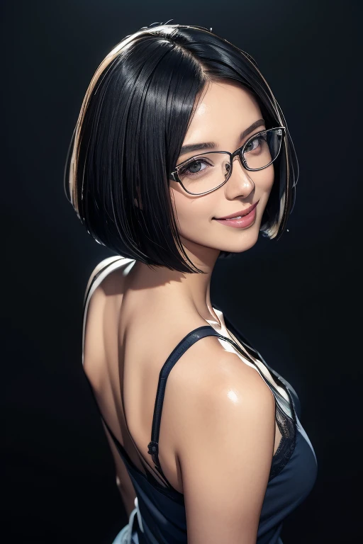 (masterpiece), (8k, best quality, high resolution), (ultra-detailed, realistic), (anatomically correct),  
((from above)), ((look up and see the viewer)), 
((face close-up)), (Standing), (((looking back))), (No background),
(1woman),  (show your back), 
(A Japanese woman, 30 years old and 155cm tall.), 
((Wear a navy blue tunic camisole)), ((A camisole without decoration.)),  
(black hair), (straight hair), (short hair style), ((bob cut)), 
(wear glasses), (black square cell glasses), 
((smile broadly)), 
(Her impression is pure, clean and kind.),
