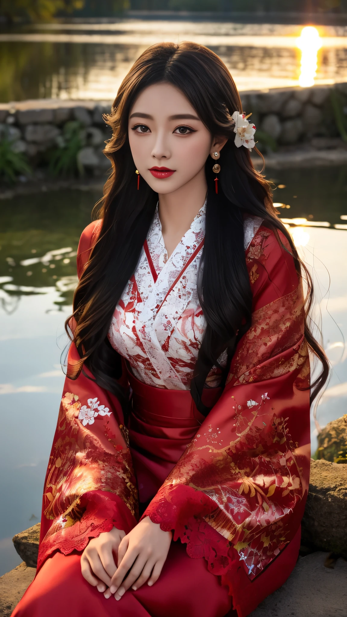 8K, UHD, masterpeiece,best quality, 1 girl, detailed face, detailed eyes, very long hair, long straight hair, small breasts, very detailed dress, kimono costume, red costume, ((red lace)), sardine, flowing sardine, jwellery, earring, ornaments, flower, evening, lake, water, sunset, depth of field, glowing light, god rays, reflection light, bloom, looking at viewer, sitting,