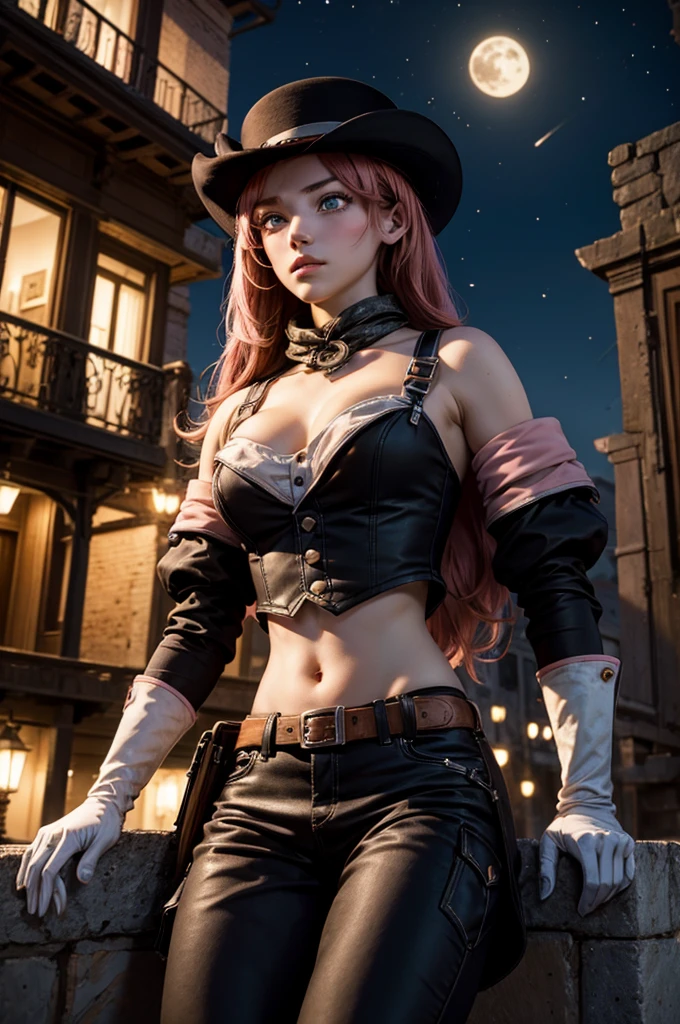 neopolitan, neopolitan, long hair, brown hair, (brown eyes:1.3), brown eyes, pink eyes, (heterochromia:1.2), two-tone hair, split-color hair, pink hair, brown hair, multicolored hair, BREAK gloves, hat, navel, detached sleeves, midriff, belt, pants, white gloves, black headwear, bowler hat, BREAK sitting outdoors, night, stars, moon, post-apocalypse, dystopian future, venice, italy, river, gondola, (crowd in military uniforms), bonfires, BREAK looking at viewer, (cowboy shot:1.5), BREAK (masterpiece:1.2), best quality, high resolution, unity 8k wallpaper, (illustration:0.8), (beautiful detailed eyes:1.6), extremely detailed face, perfect lighting, extremely detailed CG, (perfect hands, perfect anatomy),