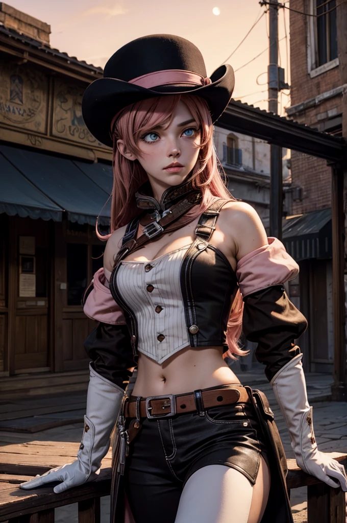 (masterpiece,stunning girlfriend, (standing:1.1), dynamic pose, heart shaped face, elegant face, beautiful face, highly detailed face, highly detailed skin, skin pores, subsurface scattering, realistic pupils, looking at viewer, full lips, detailed background, depth of field, atmospheric perspective, volumetric lighting, sharp focus, absurdres, realistic proportions, good anatomy, (realistic, hyperrealistic:1.4), 16k hdr, neopolitan, neopolitan, long hair, brown hair, (brown eyes:1.3), brown eyes, pink eyes, (heterochromia:1.2), ((two-tone hair, split-color hair, pink hair, brown hair, multicolored hair)), BREAK gloves, hat, navel, detached sleeves, midriff, belt, pants, white gloves, black headwear, bowler hat, fighting pose, BREAK standing inside old steam train, night, stars, moon, post-apocalypse, dystopian future, london in ruins, big ben, crowd, (crowd in military uniforms), bonfires, BREAK looking at viewer, (cowboy shot:1.5), BREAK (masterpiece:1.2), best quality, high resolution, unity 8k wallpaper, (illustration:0.8), (beautiful detailed eyes:1.6), extremely detailed face, perfect lighting, extremely detailed CG, (perfect hands, perfect anatomy)