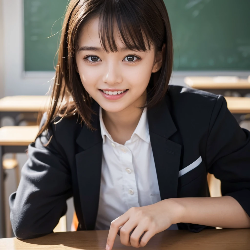 (highest quality,8K quality,masterpiece:1.3),(超A high resolution,Photorealistic:1.4,Raw photo),(Ultra-detailed,Caustics,Detailed Background),(Ultra-Realistic Capture,Beautiful and detailed skin,Perfect Anatomy),At sunset,(School classroom),18-year-old,cute,single eyelid,Black short bob,School blazer uniform,Looking into the camera,Laughter,Bust up shot,Natural soft light