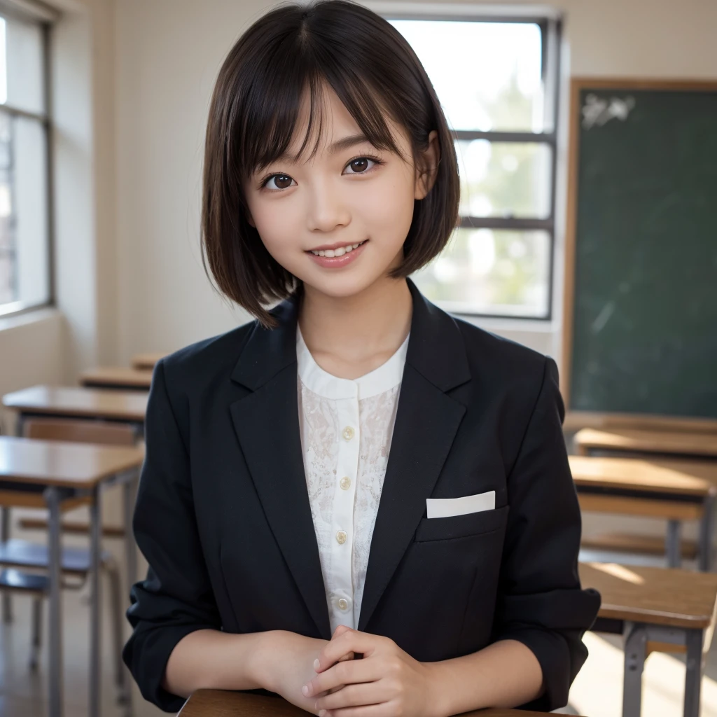 (highest quality,8K quality,masterpiece:1.3),(超A high resolution,Photorealistic:1.4,Raw photo),(Ultra-detailed,Caustics,Detailed Background),(Ultra-Realistic Capture,Beautiful and detailed skin,Perfect Anatomy),At sunset,(School classroom),18-year-old,cute,single eyelid,Black short bob,School blazer uniform,Looking into the camera,Laughter,Bust up shot,Natural soft light