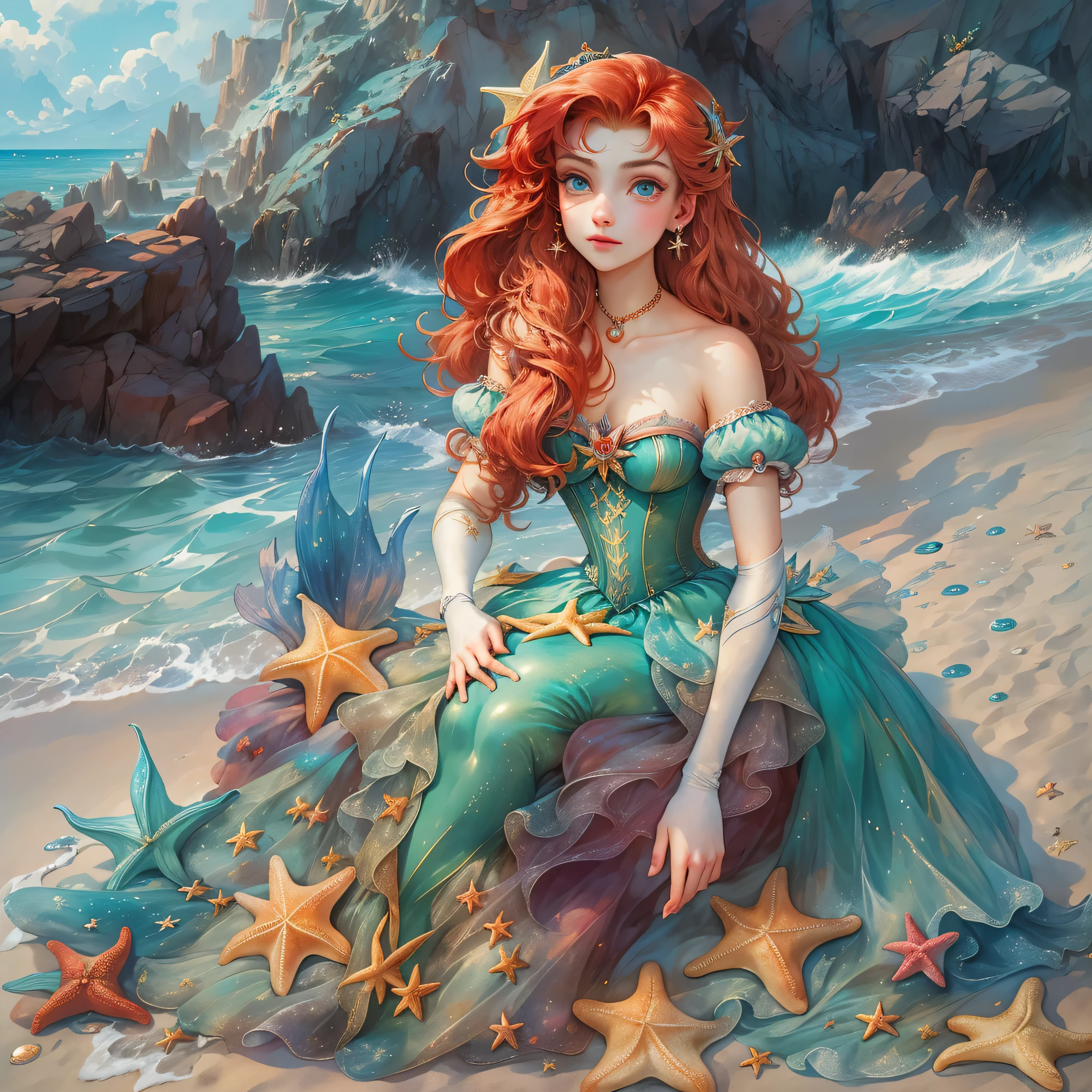 HighestQuali,tmasterpiece:1.2,Detailed details,A 16-year-old woman dressed up as a portrait of Ariel the Little Mermaid of Disney,Exquisite facial features,She held a starfish in her hand,She sits by the sea,There is foam everywhere