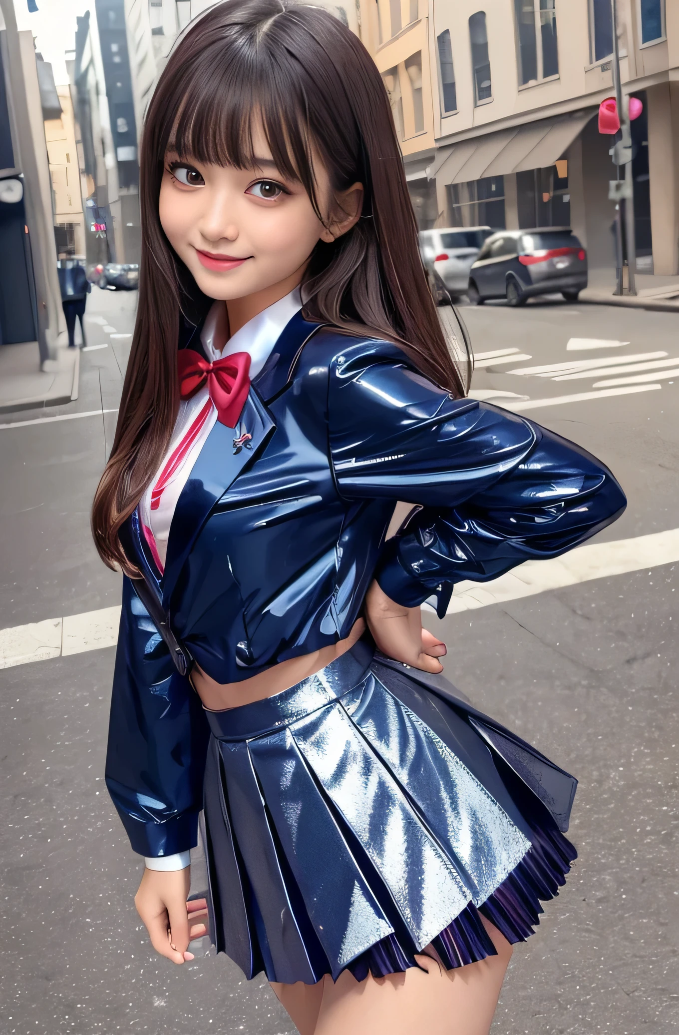 Angelic Very pretty cute young girl, 
very beautiful girl,
(V-line jaw),
Beautiful detailed brown eyes, (clear-eyed:1.3),
small straight nose,small mouth,
Detailed double eyelids, 
(Large eyes:1.3), 
Long straight brown hair, 
see-through bangs, 
beautiful detailed face and eyes, 
smiling, in the street,
BREAK   
(super shiny metallic dark blue blazer:1.2),metallic pearl white school blouse,(shiny metallic bright pink neck bow tie:1.2),(super shiny metallic dark red pleat skirt :1.5),(school uniform with super reflective surfaces:1.5),

(Very beautiful cute girl:1.2), 
Very pretty cute young girl, 
V-line jaw,
Beautiful detailed eyes, 
very beautiful girl,
Detailed double eyelids, 
(Large eyes:1.3), 
Long straight brown hair, 
see-through bangs, 
beautiful detailed face and eyes, 
smiling, 
break  
(Very beautiful cute girl, Beautiful detailed eyes, Detailed double eyelids:1.3), 
(Soft Saturation: 1.3), 
(Fair skin: 1.4), 
(Large eyes:1.4), 
break  
Very beautiful cute girl, 
Sharp Focus, 
brown hair, 
Very beautiful cute girl, 
Raw photo, 
High resolution, 
perfect detail, 
Professional Photography, Professional Lighting, 
strong lighting,
break 
(smile:1.6),(5 yo:1.3)