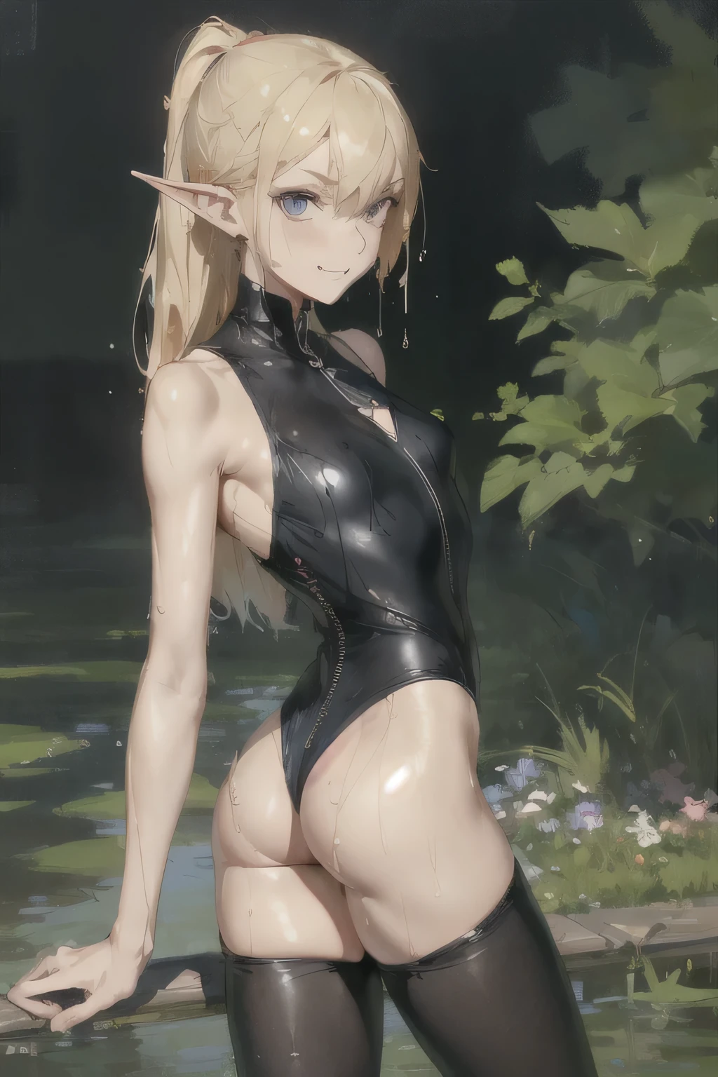 Girl Doll,Solitary,rest,((Buttocks display)),(The zipper is not closed),Blonde,elegant,Pointed ears,whole body,Chinese element pattern,thigh,(((Leaking thigh))),full,camisole,(triangle denim shorts),stocking,leggings,(Brushstrokes,Impressionism,painting,Rich scenery),Disheveled,Chest contour,(((Wet clothing))),(((Ultra-thin clothing))),((Flesh outline)),Grinning