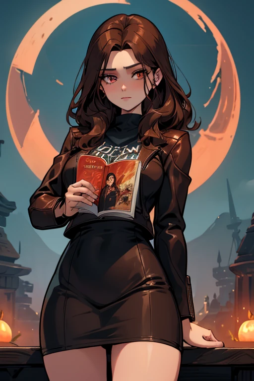 A brown haired female witch with copper eyes and an hourglass figure in a leather jacket and a t-shirt dress is reading in front of three red moons