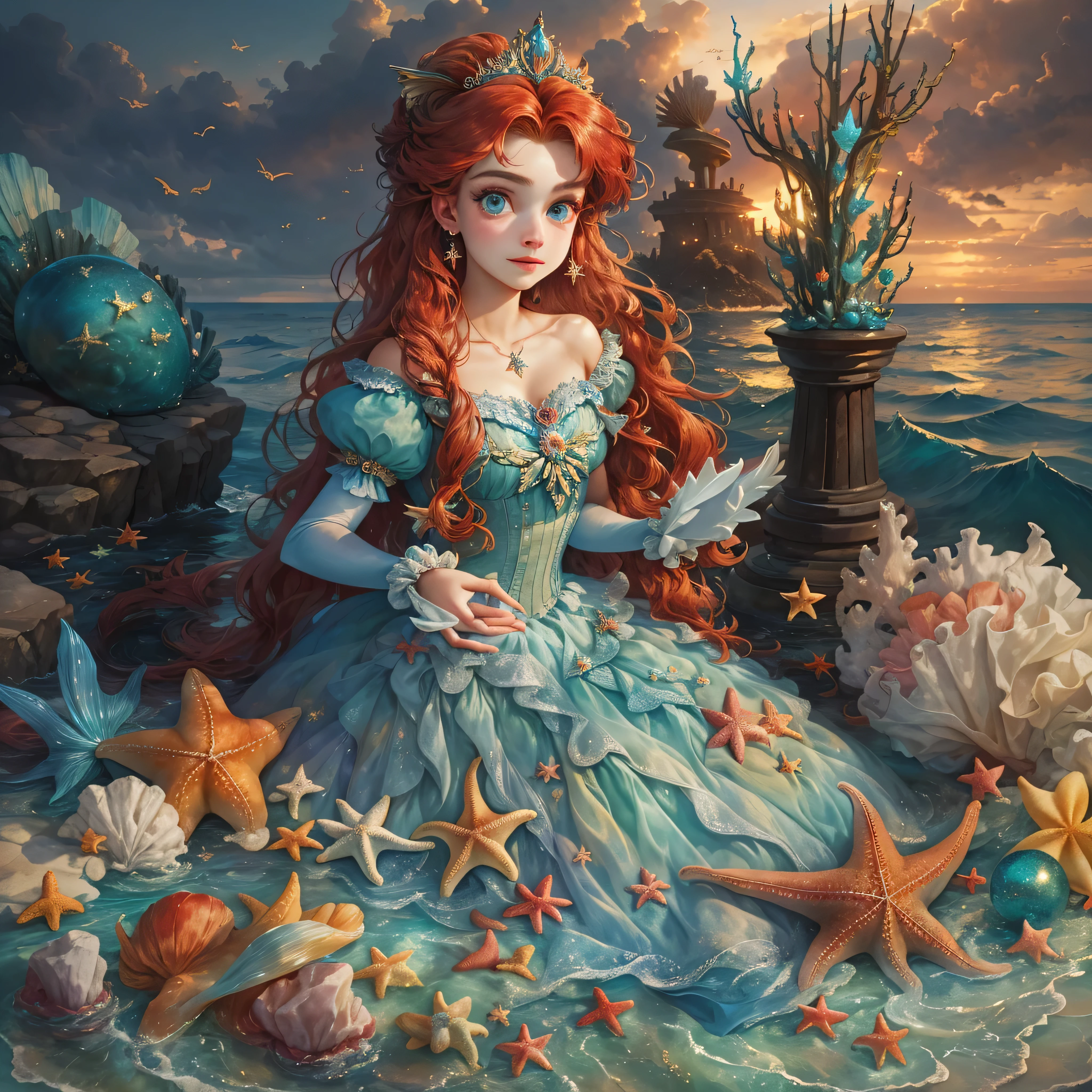 HighestQuali,tmasterpiece:1.2,Detailed details,A 16-year-old woman dressed up as a portrait of Ariel the Little Mermaid of Disney,Exquisite facial features,She held a starfish in her hand,She sits by the sea,There is foam everywhere