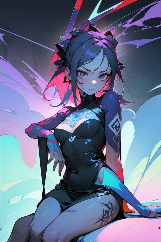 ((masterpiece)),1 girl, ultra detailed, ultra definition painting, dress, vivid color, glaring to viewer, aura, precise background, (geometry tattoo), (cinematic), elaborate, (gritty), sitting, open leg,