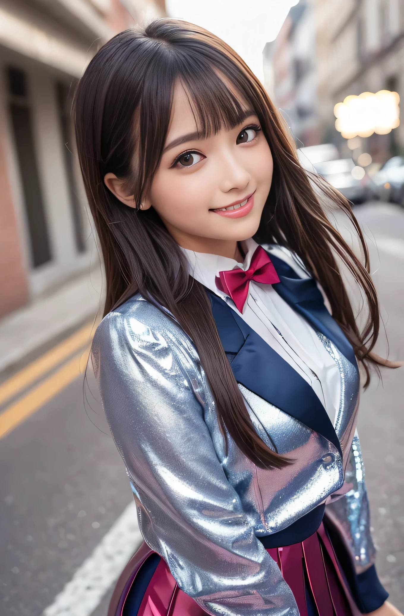 Angelic Very pretty cute young girl, 
very beautiful girl,
(V-line jaw),
Beautiful detailed brown eyes, (clear-eyed:1.3),
small straight nose,small mouth,
Detailed double eyelids, 
(Large eyes:1.3), 
Long straight brown hair, 
see-through bangs, 
beautiful detailed face and eyes, 
smiling, in the street,
BREAK   
(super shiny metallic dark blue blazer:1.2),metallic pearl white school blouse,(shiny metallic bright pink neck bow tie:1.2),(super shiny metallic dark red pleat skirt :1.5),(school uniform with super reflective surfaces:1.5),

(Very beautiful cute girl:1.2), 
Very pretty cute young girl, 
V-line jaw,
Beautiful detailed eyes, 
very beautiful girl,
Detailed double eyelids, 
(Large eyes:1.3), 
Long straight brown hair, 
see-through bangs, 
beautiful detailed face and eyes, 
smiling, 
break  
(Very beautiful cute girl, Beautiful detailed eyes, Detailed double eyelids:1.3), 
(Soft Saturation: 1.3), 
(Fair skin: 1.4), 
(Large eyes:1.4), 
break  
Very beautiful cute girl, 
Sharp Focus, 
brown hair, 
Very beautiful cute girl, 
Raw photo, 
High resolution, 
perfect detail, 
Professional Photography, Professional Lighting, 
strong lighting,
break 
(smile:1.6),(5 yo:1.3)