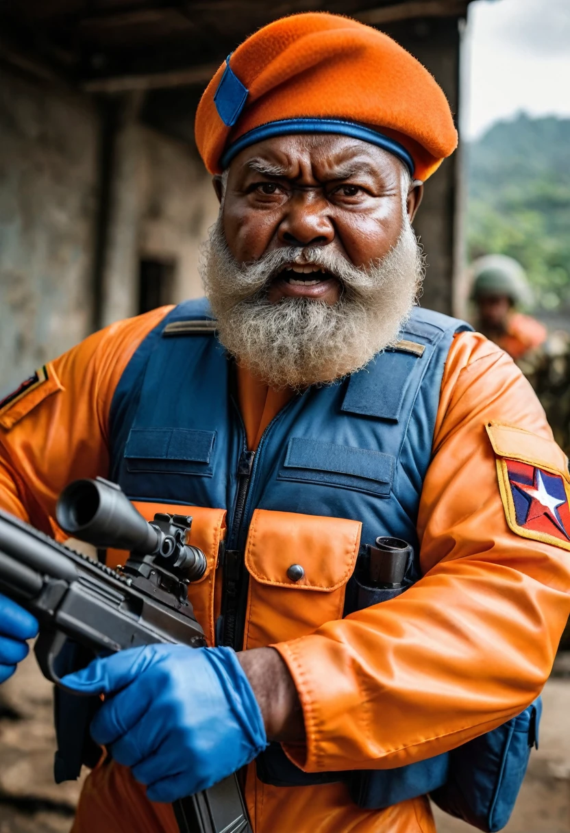 (a dark-skinned bearded fat old man in a orange pilot suit) holding a gun and (wearing blue army beret on his head), muscular, Basuki Abdullah, sumatraism, action, a character portrait, heroic, fierce, snarling