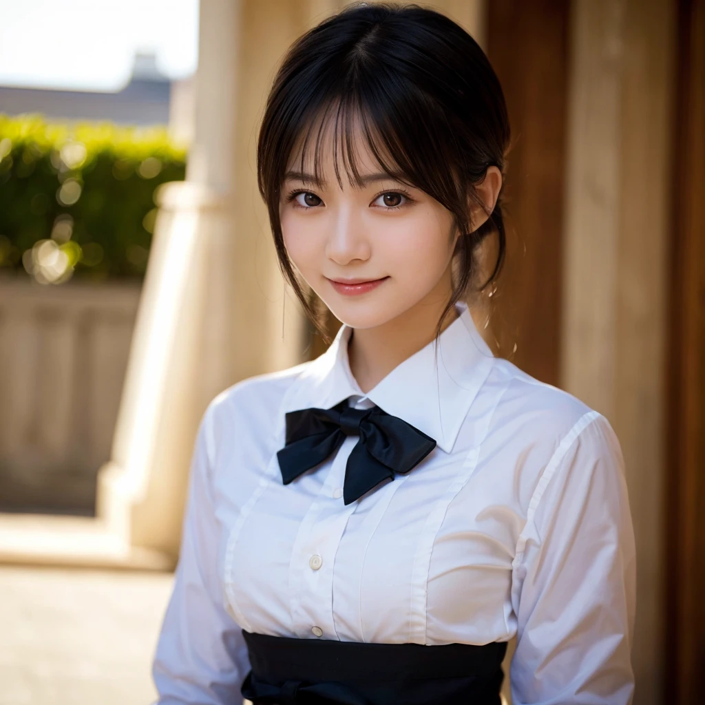 (highest quality,masterpiece:1.3,Ultra-high resolution),(Very detailed,Caustics,8k),(Realistic:1.4,RAW shooting),A girl dressed as a butler,Japanese,boyish,smile,20-year-old,Short black hair,Looking into the camera,Inside the Western-style building,Waist up shot,front,Face Focus,Face close-up,(Warm Light),Professional Writing