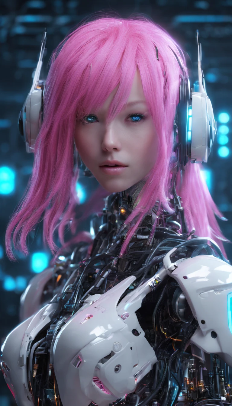 best quality, highres), pink haired girl with long hair, close-up of her face, wearing a white skirt, details of her eyes and face, bright colors, soft lighting, digital illustration, ethereal atmosphere