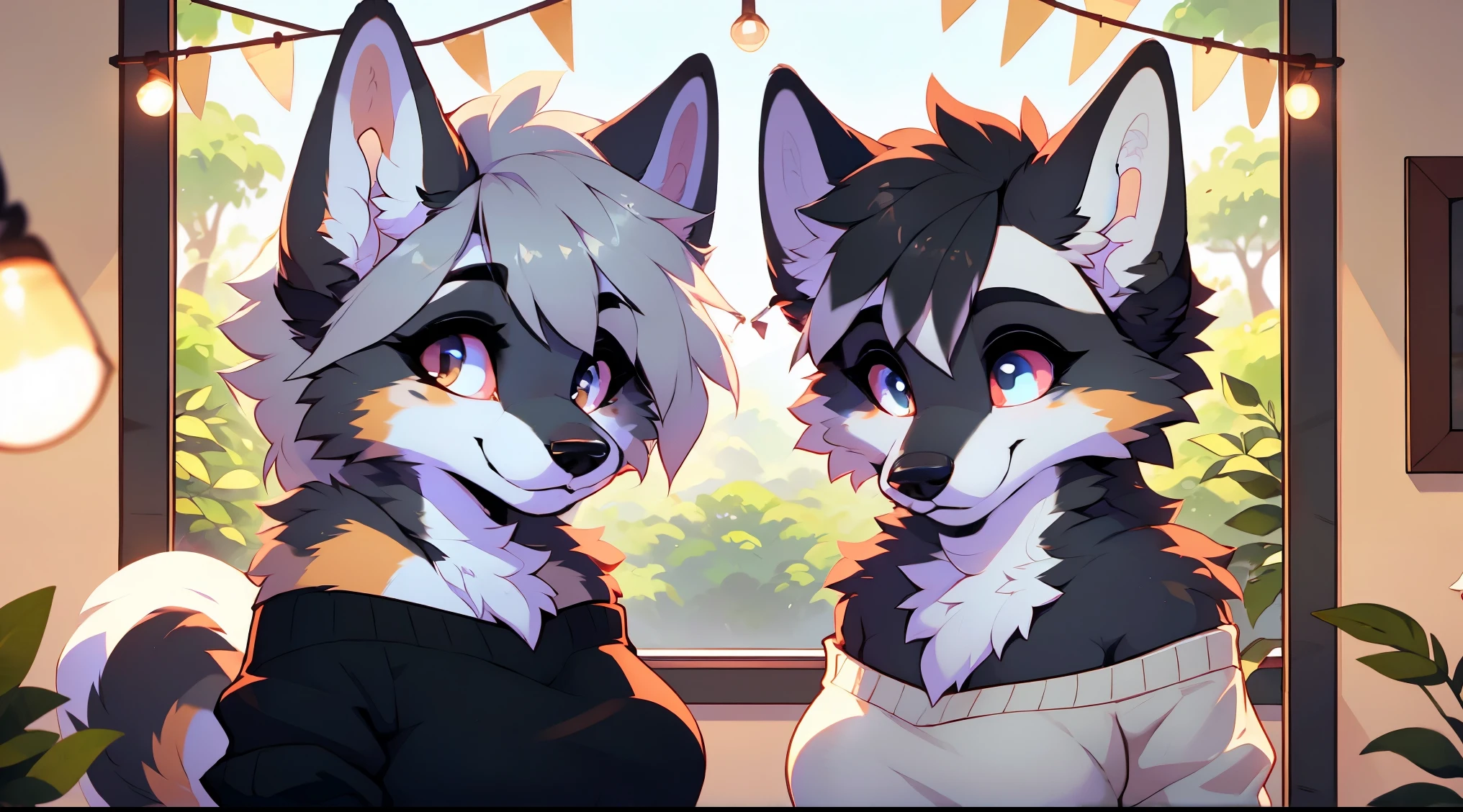 ((by reysi)), Best quality, super detailed illustration, warm colors, Ideal lighting, full body focus, large breasts, wide hips, (a duo of Fluffy girls Posing for a picture together dog:1.6), (Black fur:1.5) ,cute face, disheveled thick gray hair, short shorts, long black stockings, black long sleeve sweater, in a cosy room, tricky glance , slim, perfect body,