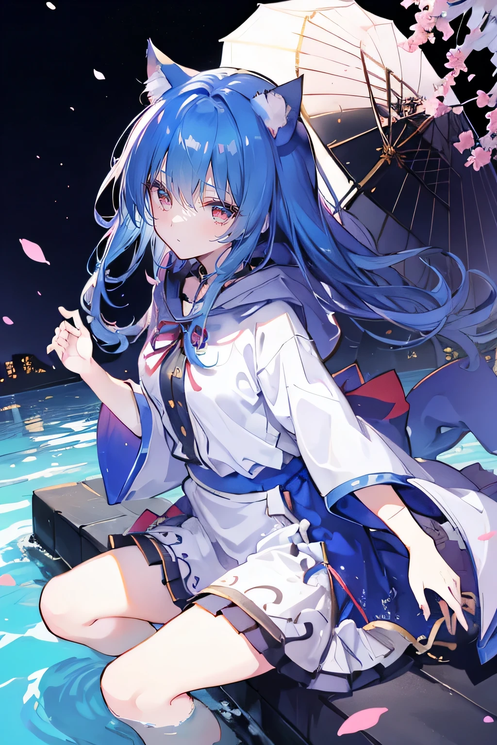 (masterpiece:1.2),Super detailed,lifelike,Expressive eyes,fair skin,perfect face shape,1 girl,
Japanese comics,Gorgeous blue hair,flowing blue hair,flowing clothes,Cat ears,Petals fall,beautiful lola,Baby Angel,
Shaking head with one hand,Cross your legs,Gentle and peaceful background,The pavilion is cool and comfortable,smile, wearing hoodie, background of tokyo,back views,snowing, winter,lie on the water.