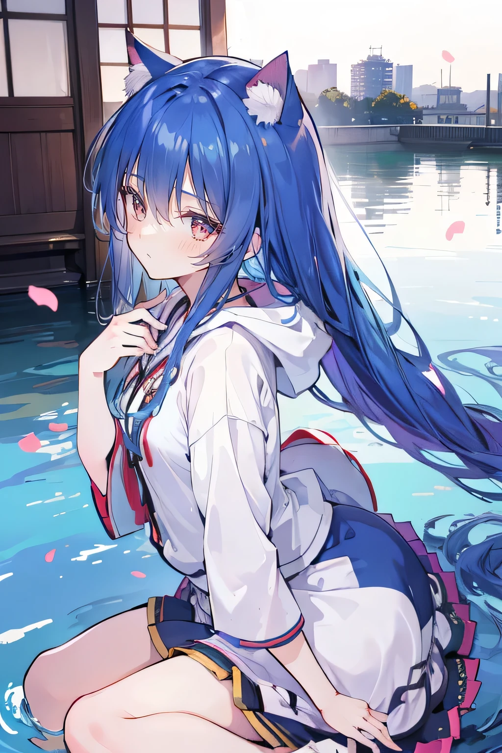 (masterpiece:1.2),Super detailed,lifelike,Expressive eyes,fair skin,perfect face shape,1 girl,
Japanese comics,Gorgeous blue hair,flowing blue hair,flowing clothes,Cat ears,Petals fall,beautiful lola,Baby Angel,
Shaking head with one hand,Cross your legs,Gentle and peaceful background,The pavilion is cool and comfortable,smile, wearing hoodie, background of tokyo,back views,snowing, winter,lie on the water.