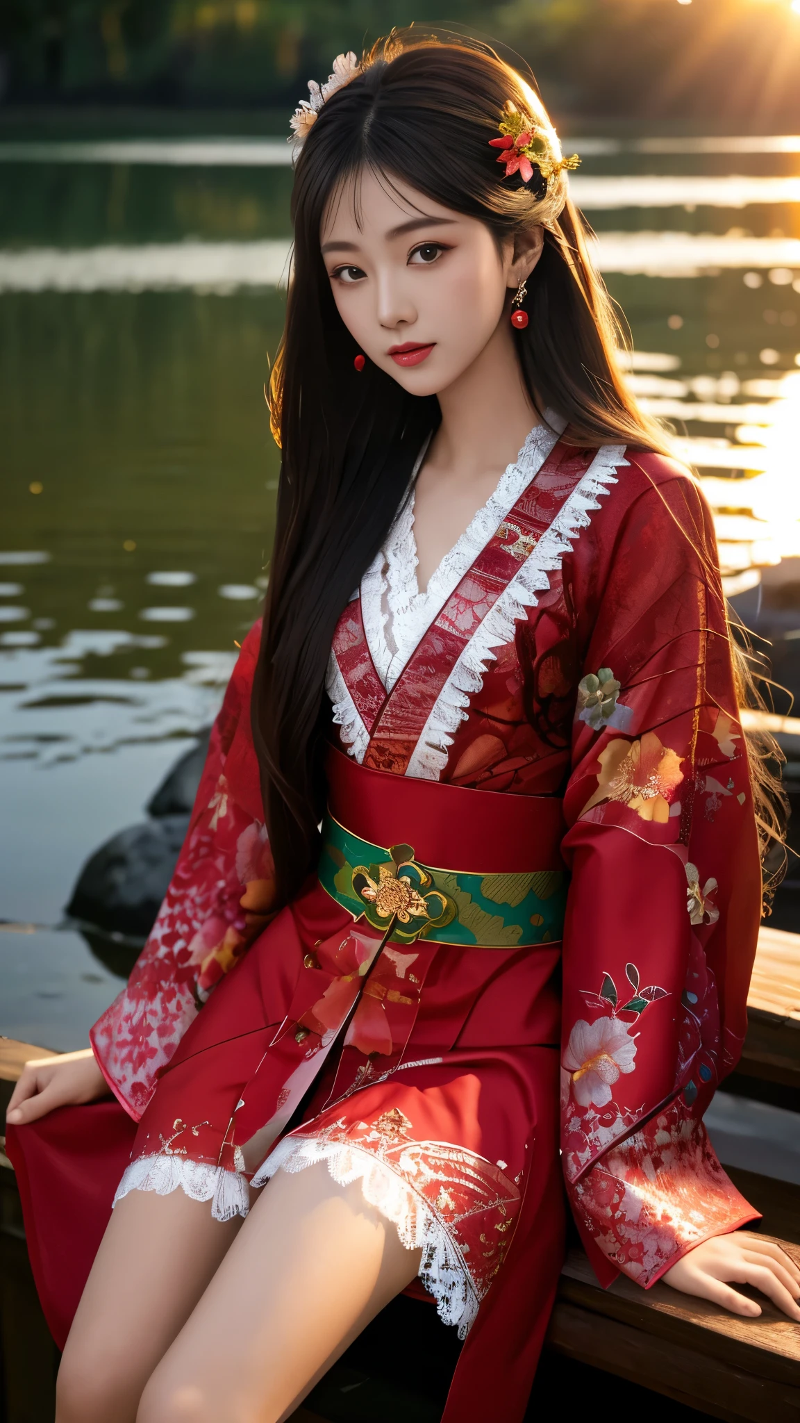 8K, UHD, masterpeiece,best quality, 1 girl, detailed face, detailed eyes, very long hair, long straight hair, small breasts, very detailed dress, kimono costume, red costume, ((red lace)), sardine, flowing sardine, jwellery, earring, ornaments, flower, evening, lake, water, sunset, depth of field, glowing light, god rays, reflection light, bloom, looking at viewer, sitting,
