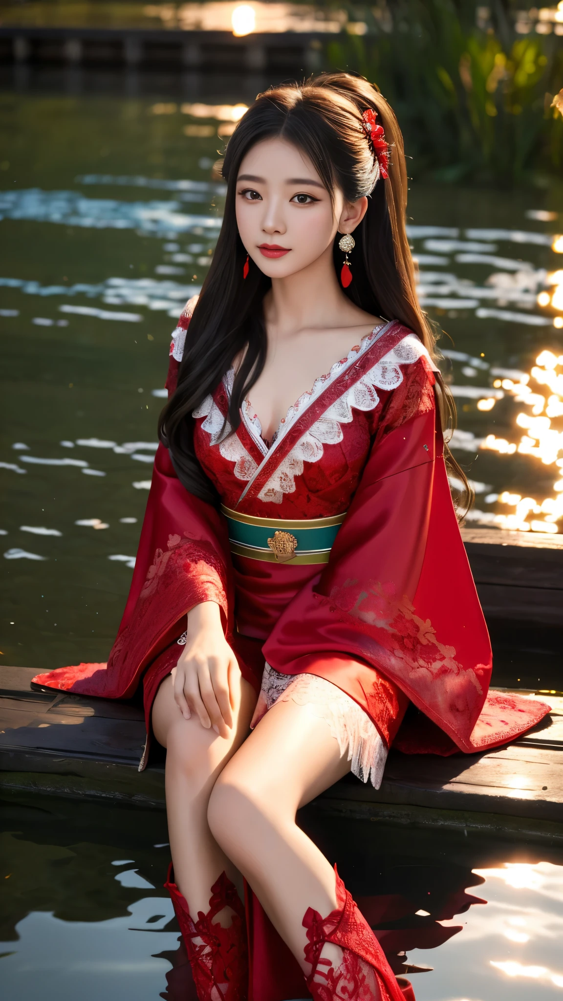 8K, UHD, masterpeiece,best quality, 1 girl, detailed face, detailed eyes, very long hair, long straight hair, small breasts, very detailed dress, kimono costume, red costume, ((red lace)), sardine, flowing sardine, jwellery, earring, ornaments, flower, evening, lake, water, sunset, depth of field, glowing light, god rays, reflection light, bloom, looking at viewer, sitting,