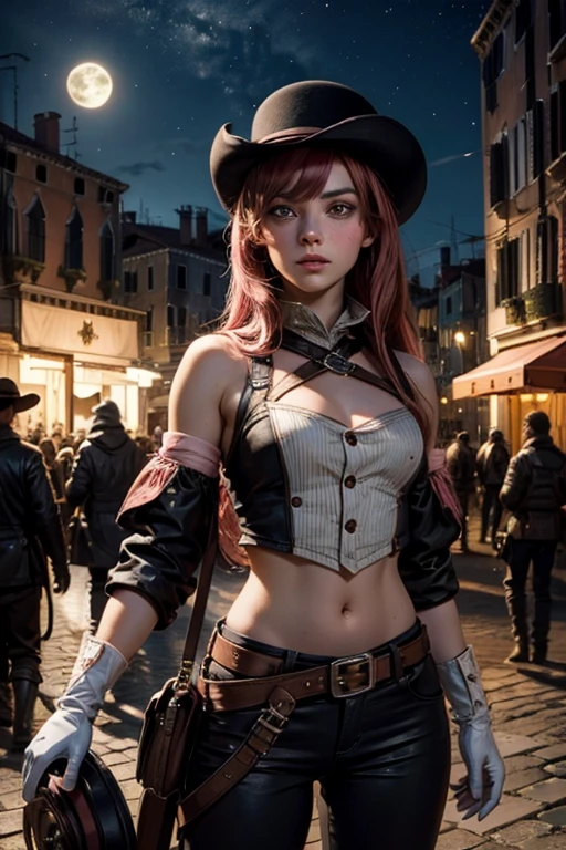 neopolitan, neopolitan, long hair, brown hair, (brown eyes:1.3), brown eyes, pink eyes, (heterochromia:1.2), two-tone hair, split-color hair, pink hair, brown hair, multicolored hair, BREAK gloves, hat, navel, detached sleeves, midriff, belt, pants, white gloves, black headwear, bowler hat, BREAK outdoors, night, stars, moon, post-apocalypse, dystopian future, venice, italy, river, gondola, (crowd in military uniforms), bonfires, BREAK looking at viewer, (cowboy shot:1.5), BREAK (masterpiece:1.2), best quality, high resolution, unity 8k wallpaper, (illustration:0.8), (beautiful detailed eyes:1.6), extremely detailed face, perfect lighting, extremely detailed CG, (perfect hands, perfect anatomy),