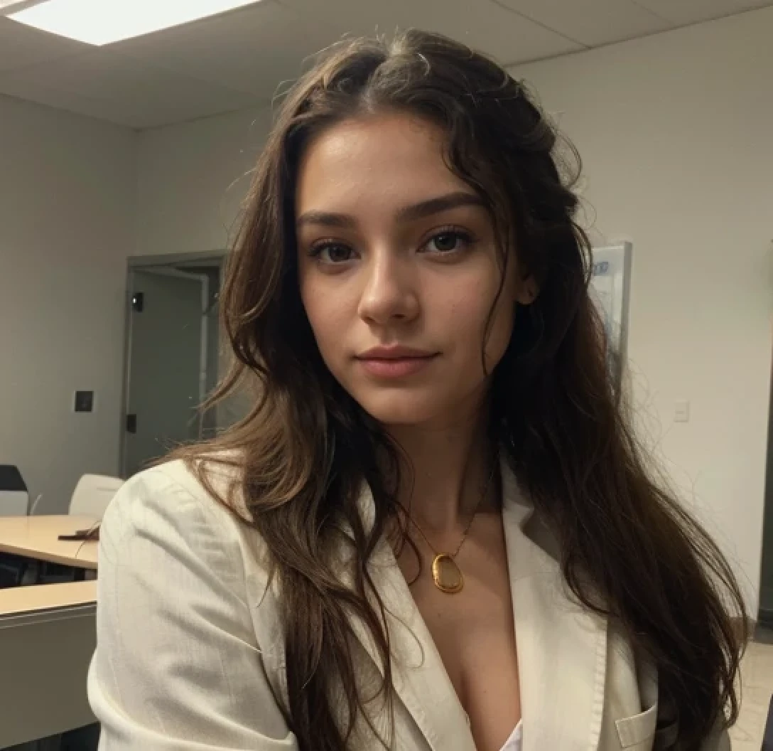 This woman's name is Ailina, Ailina is 18 years old, Ailina is a woman of Russian origin who lives in America, Ailina has wheat skin, Ailina has brown eyes, Ailina's hair is wavy, Ailina's jaw lines are quite prominent, Ailina's lips are slightly full, Ailina laughing, Ailina has a big gold necklace around her neck, Ailina is a business woman, Ailina is wearing a white suit, Ailina is sitting at the table in a meeting room, a long meeting table, Ailina has a laptop in front of her, Ailina's hair is tied up , environment bright, bright office environment, long shot, long shot, long view, (warm lighting), (dramatic shadows), (Vibrant colours), (photorealistic), (8k), (Extremely detailed), (masterpiece).