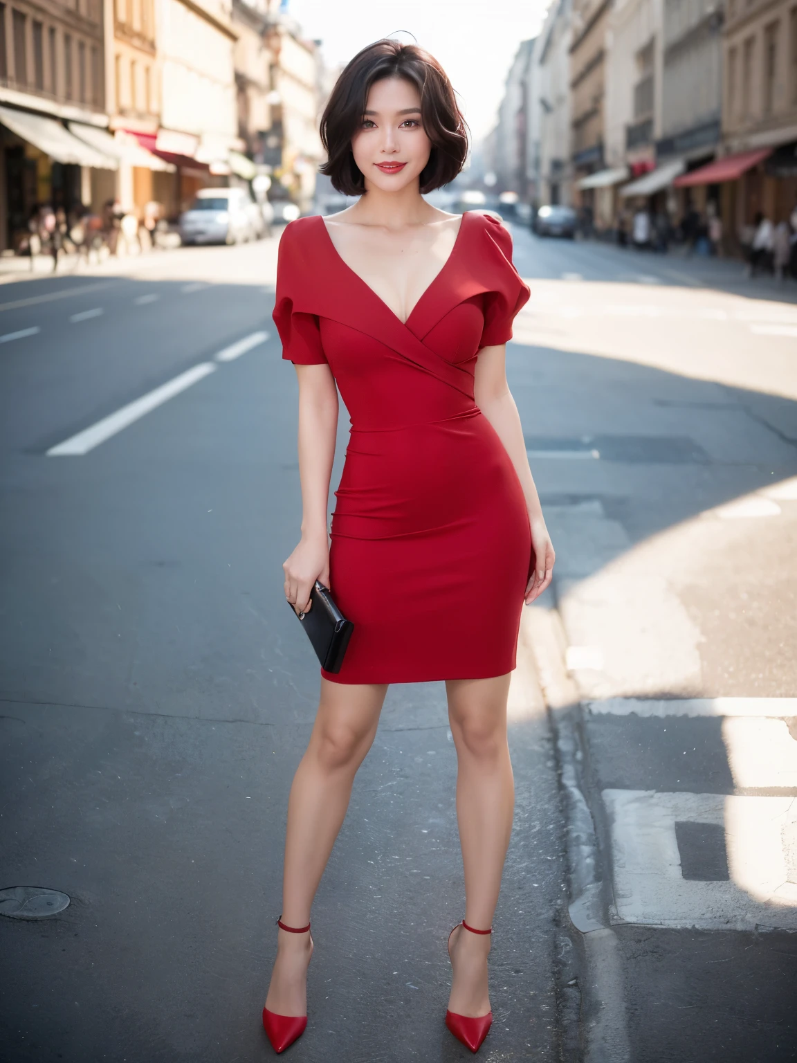 最high quality, In 8K, Masseter region, Vibrant, Sharp focus, high quality, High resolution, Detailed face,, Red lips, (Looking at the audience), alone, Beautiful woman, 38 years old, Japanese women, (Short black hair:1.6)、((Bob Hair:1.4)), Cleavage, Lunch break、France、Paris、Champs-Élysées、Cobblestone walkway、(In front of the boutique:1.3)、(Standing on the sidewalk:1.3)、(Full body photo:1)、(Red short sleeve dress:1.5)、(Knee-length skirt:1.5)、(Black pumps:1.5)、(Red lipstick:1)、(smile:1.5)、(standard body type)、(D cup breasts)、(Bright sunlight)