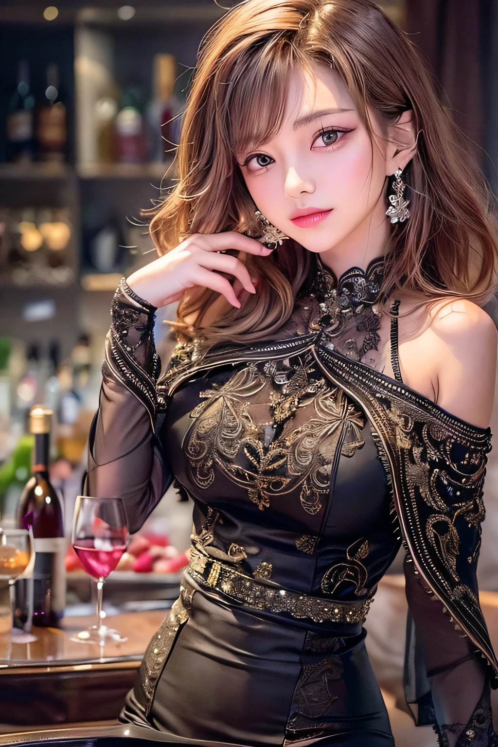 masterpiece, 1 Beautiful girl, Fine grain, highest quality, Ultra High resolution, (reality: 1.4), Cinema Lighting, Beautiful Skin, (Ultra-realistic), (High resolution), (8k), (Very detailed), ( Best illustrations), Pouting slightly,  (Crystal colorful lights), Extremely refined and beautiful, beautiful detailed eyes, Round eyes, detailed facial features, (Round pupils:1.4), (alluring face), Smiling lips, (Medium breasts:1.3), A shallow smile, Open lips, (Beautiful and detailed face, Beautiful and delicate eyes), pink cheek, mascara, brown hair, short hair, (glass wine:1.3), (full body:1.3), wearing a off shoulder shirt and black mini skirt, night city, off shoulder, night bar, Bar counter,