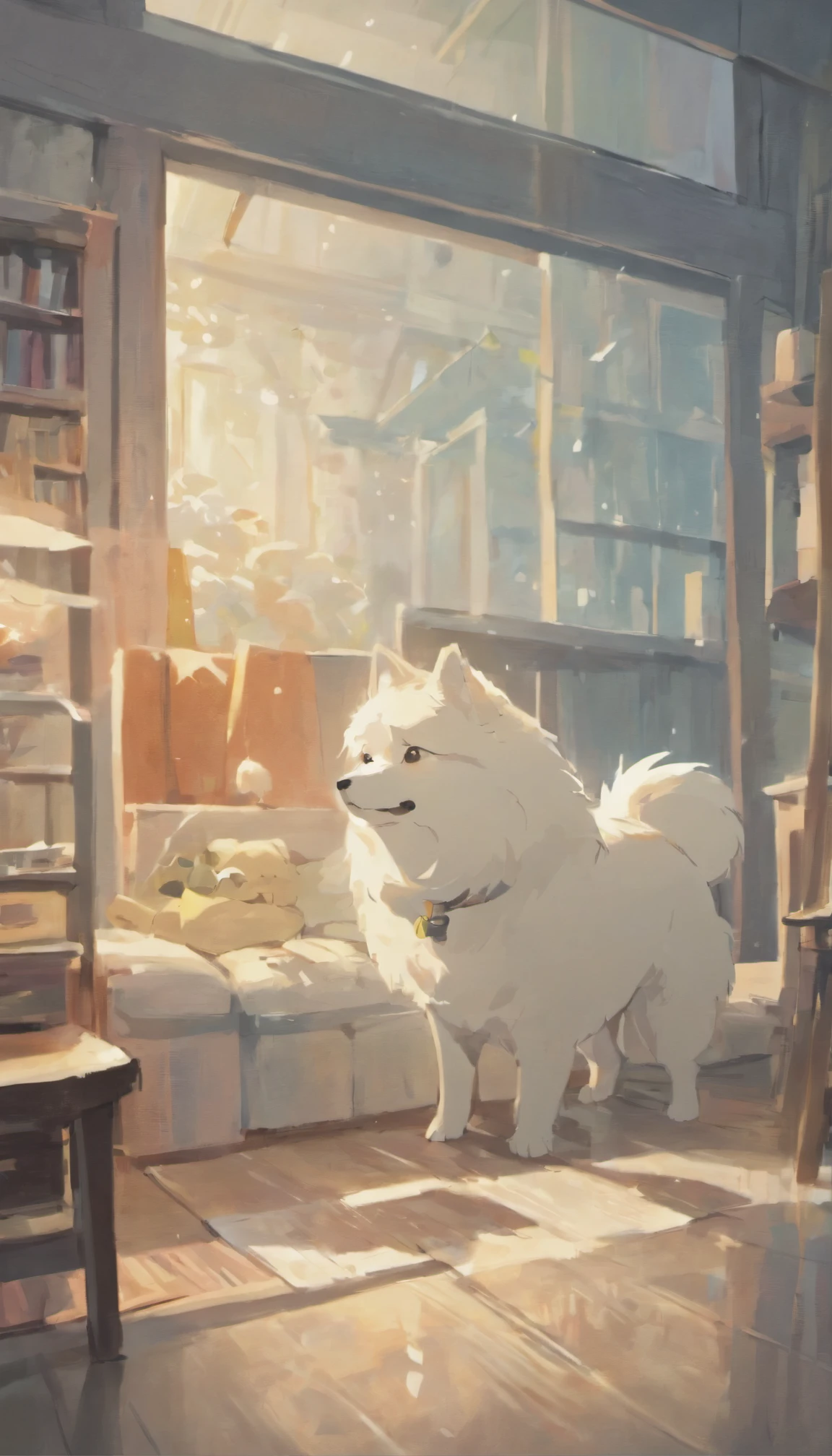 one dog,Samoyed dog,living room,Listening to music,earphone,relax,Japan animated style,Warm lighting,soft colors,Natural pose,Lift your mood