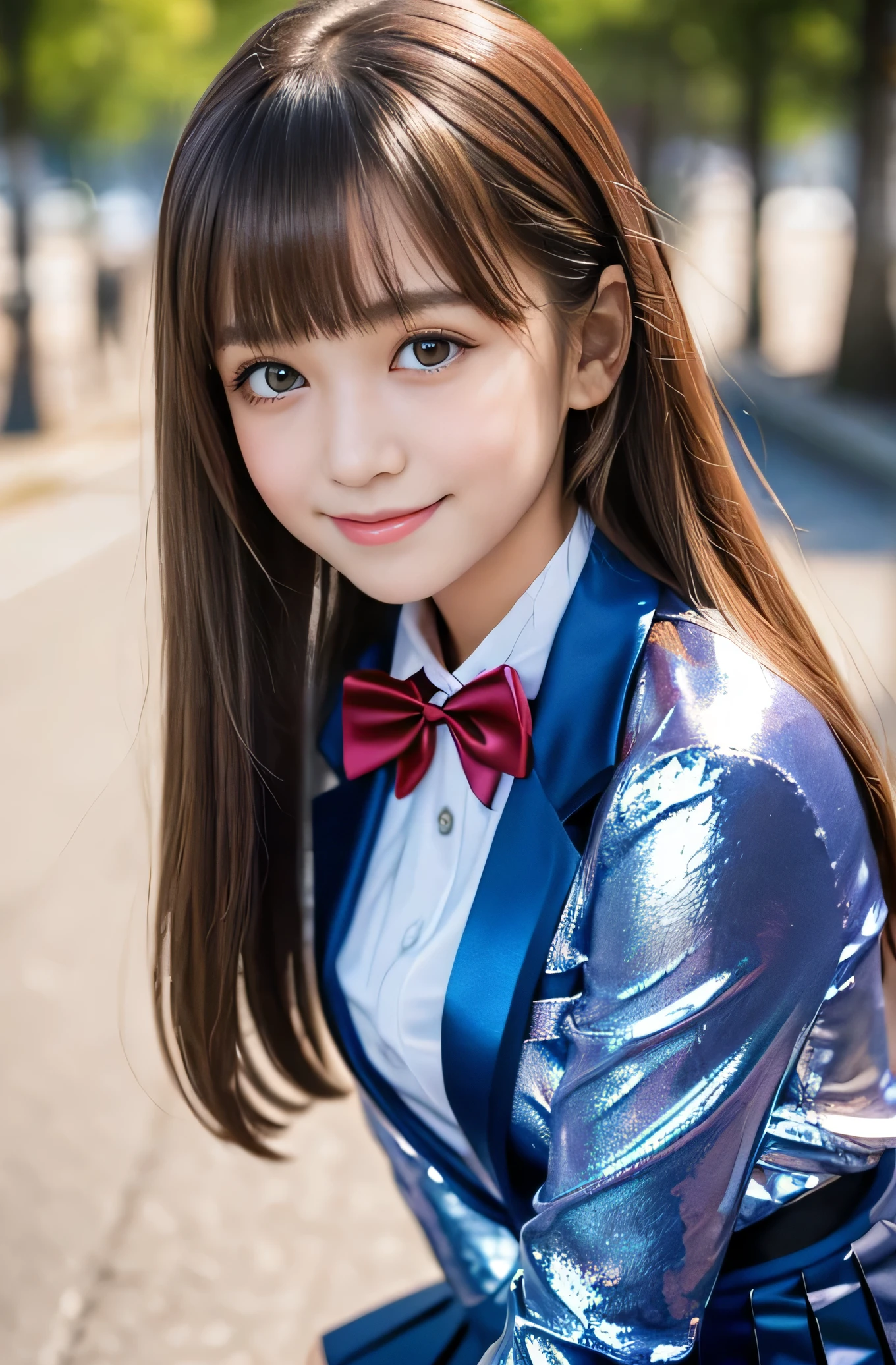Angelic Very pretty cute young girl, 
very beautiful girl,
(V-line jaw),
Beautiful detailed brown eyes, (clear-eyed:1.3),
small straight nose,small mouth,
Detailed double eyelids, 
(Large eyes:1.3), 
Long straight brown hair, 
see-through bangs, 
beautiful detailed face and eyes, 
smiling, in the street,
BREAK   
(super shiny metallic dark blue blazer:1.2),metallic pearl white school blouse,(shiny metallic bright pink neck bow tie:1.2),(super shiny metallic dark red pleat skirt :1.5),(school uniform with super reflective surfaces:1.5),

(Very beautiful cute girl:1.2), 
Very pretty cute young girl, 
V-line jaw,
Beautiful detailed eyes, 
very beautiful girl,
Detailed double eyelids, 
(Large eyes:1.3), 
Long straight brown hair, 
see-through bangs, 
beautiful detailed face and eyes, 
smiling, 
break  
(Very beautiful cute girl, Beautiful detailed eyes, Detailed double eyelids:1.3), 
(Soft Saturation: 1.3), 
(Fair skin: 1.4), 
(Large eyes:1.4), 
break  
Very beautiful cute girl, 
Sharp Focus, 
brown hair, 
Very beautiful cute girl, 
Raw photo, 
High resolution, 
perfect detail, 
Professional Photography, Professional Lighting, 
strong lighting,
break 
(smile:1.6),(5 yo:1.3)