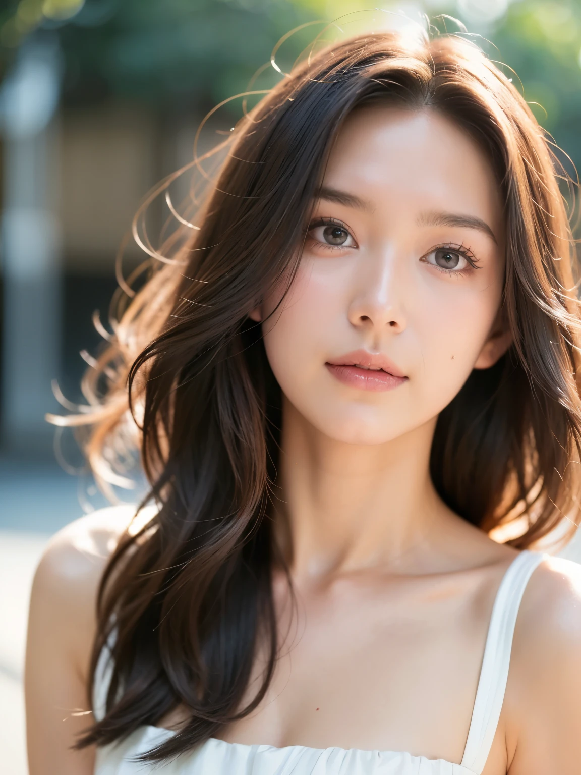 Film Portrait Photography, One girl, Exposing shoulders, Shoulder-length wavy hair, Calm, Calm, (Realistic eyes, Natural skin texture, Realistic facial details), Soft and dramatic lighting, Depth of written boundary, Bokeh, Vivid details, In detail, Surreal, 35mm Film, Blurred, movie,