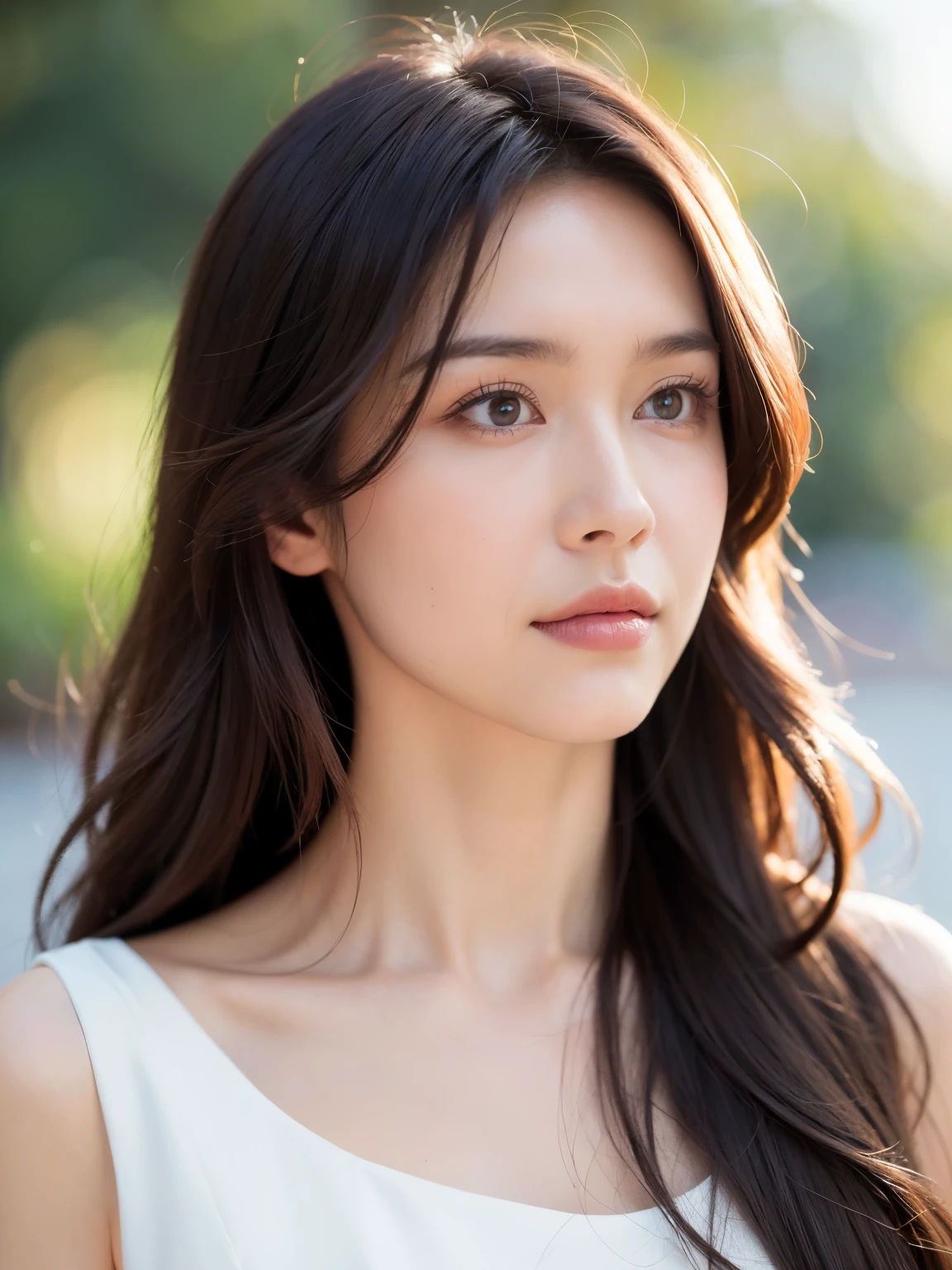 (8K, Raw-Photo, Top Quality, masterpiece:1.2), (Photorealistic, Photorealistic: 1.37), film portrait photography, 1Girl, bare shoulder, wavy shoulder-length hair, serene, calm, (realistic detailed eyes, Natural skin texture, realistic face details), soft dramatic lighting, Depth of field, Bokeh, vibrant details, finelydetail, A hyper-realistic, hazy blur, Filmine Grain
