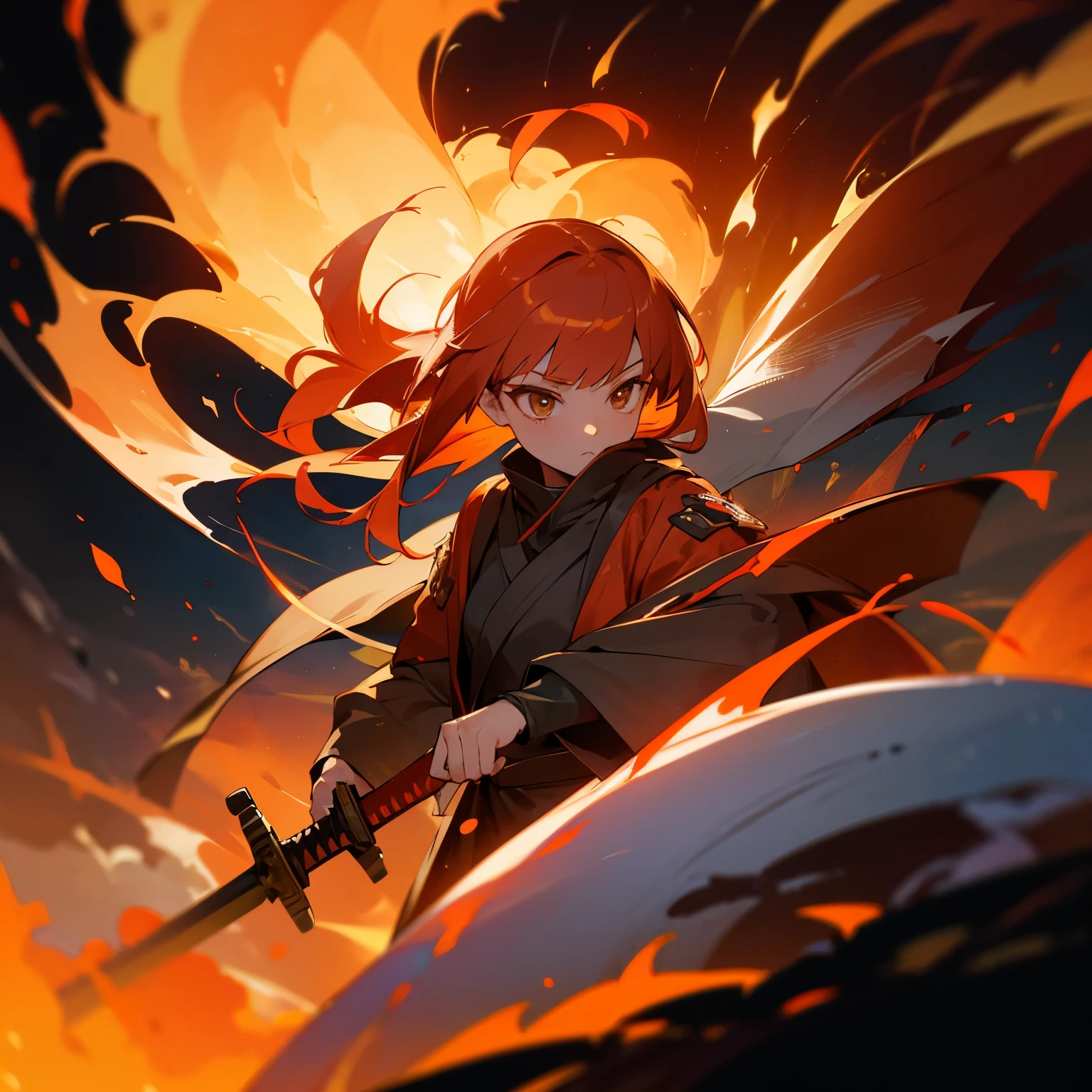 1 Girl, Bangs, breathing fire, combustion, Burnt clothes, ember, Ahog, Beige hair, Colorful hair, fire, fire焰, fire焰劍, (Hold the hilt of a sword in your hand), permanent, long hair,  Thermal power, Poker face, smokes, flower(symbol),  Solitary, fireflower, Sunset, twilight, white flower, Molten Rock, lily (flower),  fiery flower, Depth of Field, combustion ,