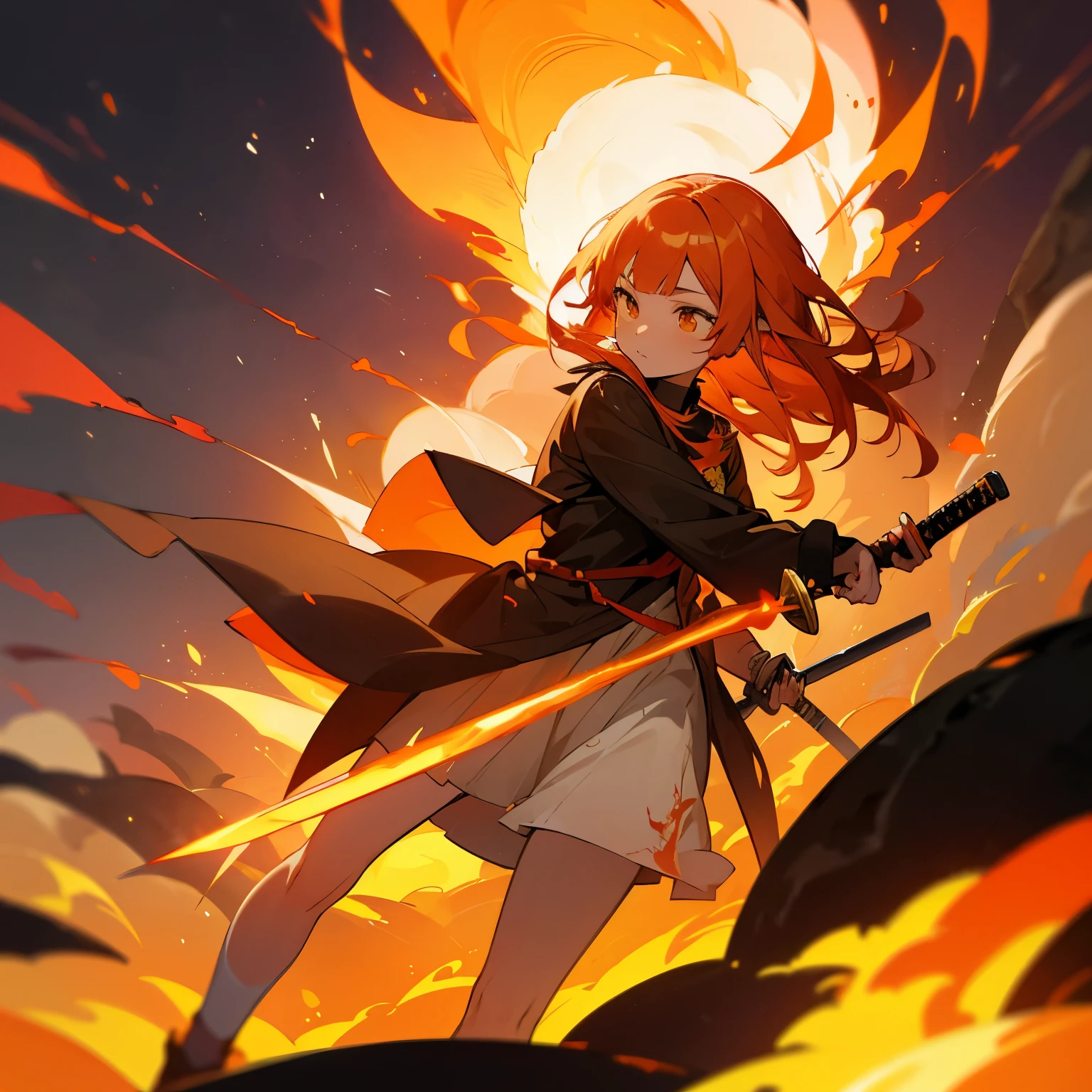 1 Girl, Bangs, breathing fire, combustion, Burnt clothes, ember, Ahog, Beige hair, Colorful hair, fire, fire焰, fire焰劍, (Hold the hilt of a sword in your hand), permanent, long hair,  Thermal power, Poker face, smokes, flower(symbol),  Solitary, fireflower, Sunset, twilight, white flower, Molten Rock, lily (flower),  fiery flower, Depth of Field, combustion ,