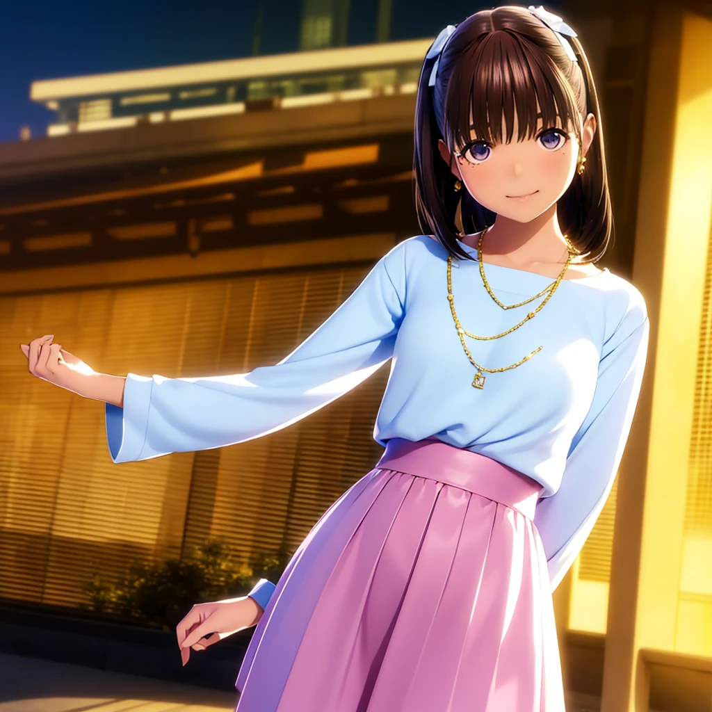 High resolution,8k,highest quality,detailed,Semi-realistic anime,Anime 3D Style,Smooth anime CG,1peopleの少女,20 year old Japanese woman,slim,Modeled,Shiny brown hair,Medium Hair,detailedな顔,Beautiful and detailed,Glowing Skin,(Long sleeve tops、Long skirt),Earrings Beautiful,necklace,Tag, shine, Outdoor, (Street:0.8), (people, 大勢のpeople:1),Beautiful detailed sky, (Dynamic Pose:0.8),Hard Focus、Film Grain,Soft lighting,Wind,Looking at the audience,Laughter