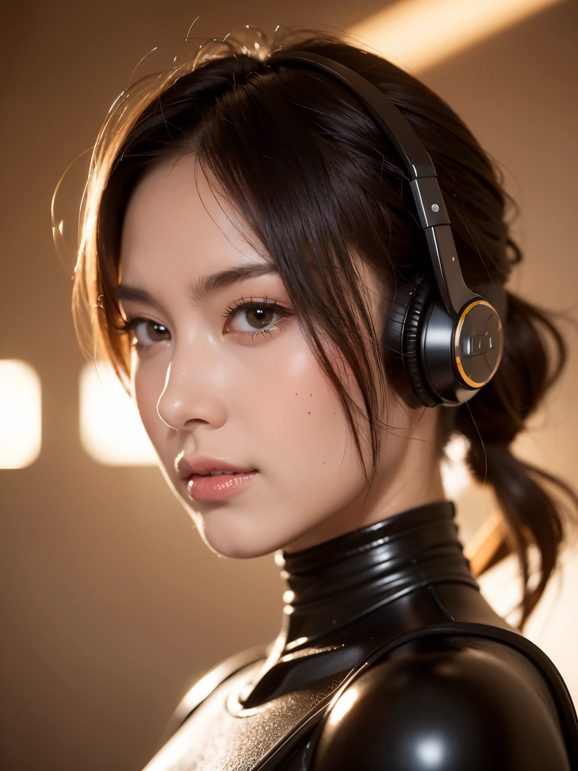 space fighter, Japanese girl, planet, wolf cut red meshed brown hair, headphone with microphone