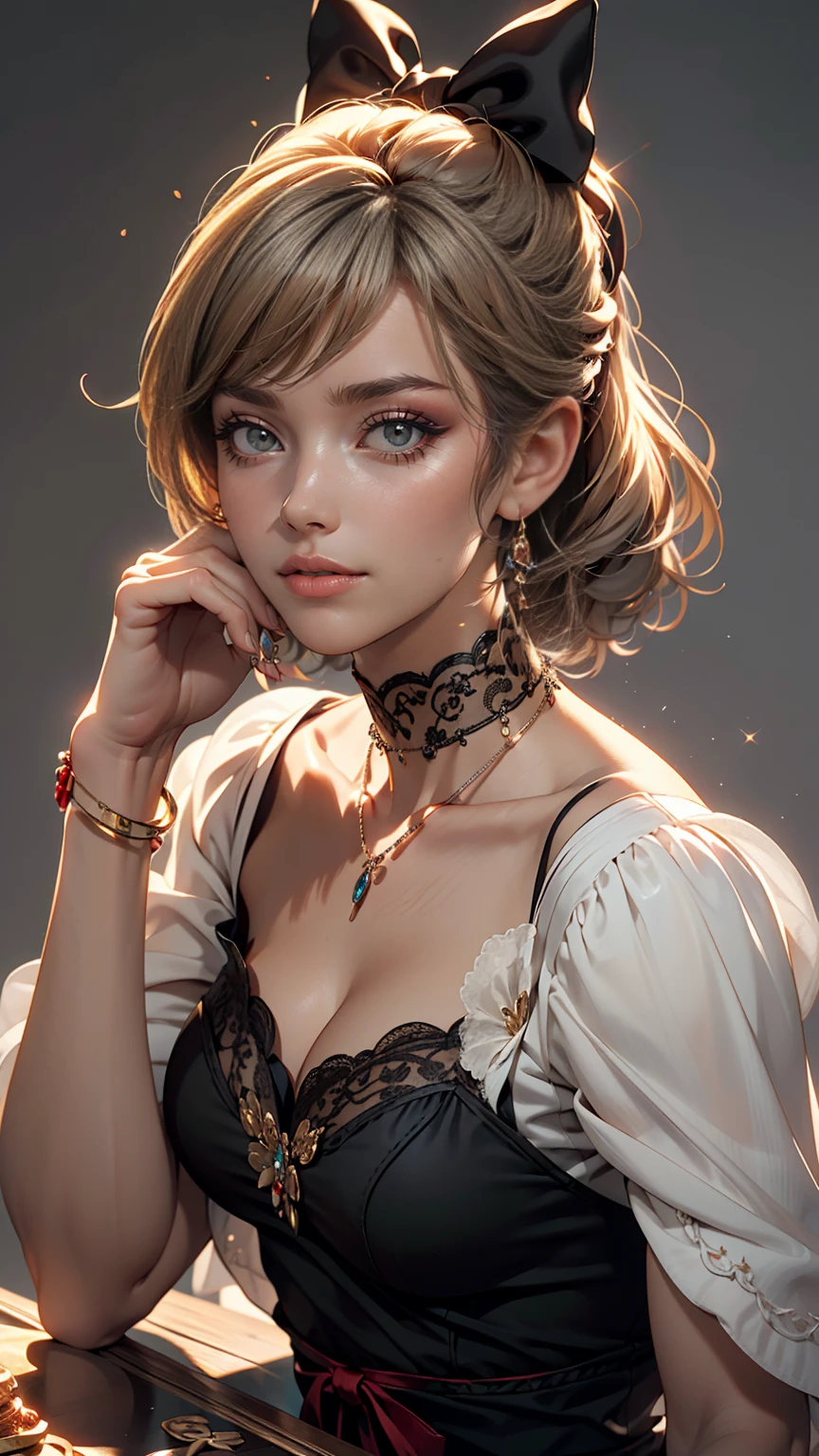 cute, ultra-detailed, figure, Complex, detailed, extremely detailed, detailed face, Soft Lighting, Soft Light, Soft Focus, Perfect Face, beautiful, Accurate anatomy, Exposure, 8k, 4K, (High resolution:1.1), highest quality, (masterpiece:1.3), One girl, alone, jewelry, Brown eyes, View your viewers, Earrings, Grey Hair, bangs, black lace choker, Mouth closed, Portraiture, clock, hair ornaments, Simple Background, Gray background, Long Hair, Headrest, lips, hair bow, black choker, bow, eyelash