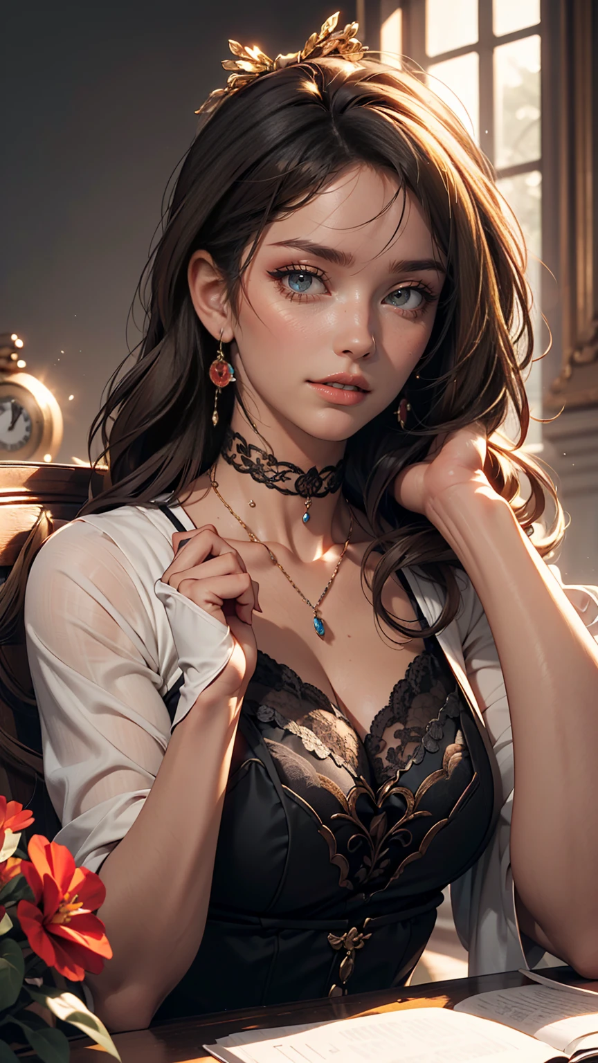 cute, ultra-detailed, figure, Complex, detailed, extremely detailed, detailed face, Soft Lighting, Soft Light, Soft Focus, Perfect Face, beautiful, Accurate anatomy, Exposure, 8k, 4K, (High resolution:1.1), highest quality, (masterpiece:1.3), One girl, alone, jewelry, Brown eyes, View your viewers, Earrings, Grey Hair, bangs, black lace choker, Mouth closed, Portraiture, clock, hair ornaments, Simple Background, Gray background, Long Hair, Headrest, lips, hair bow, black choker, bow, eyelash