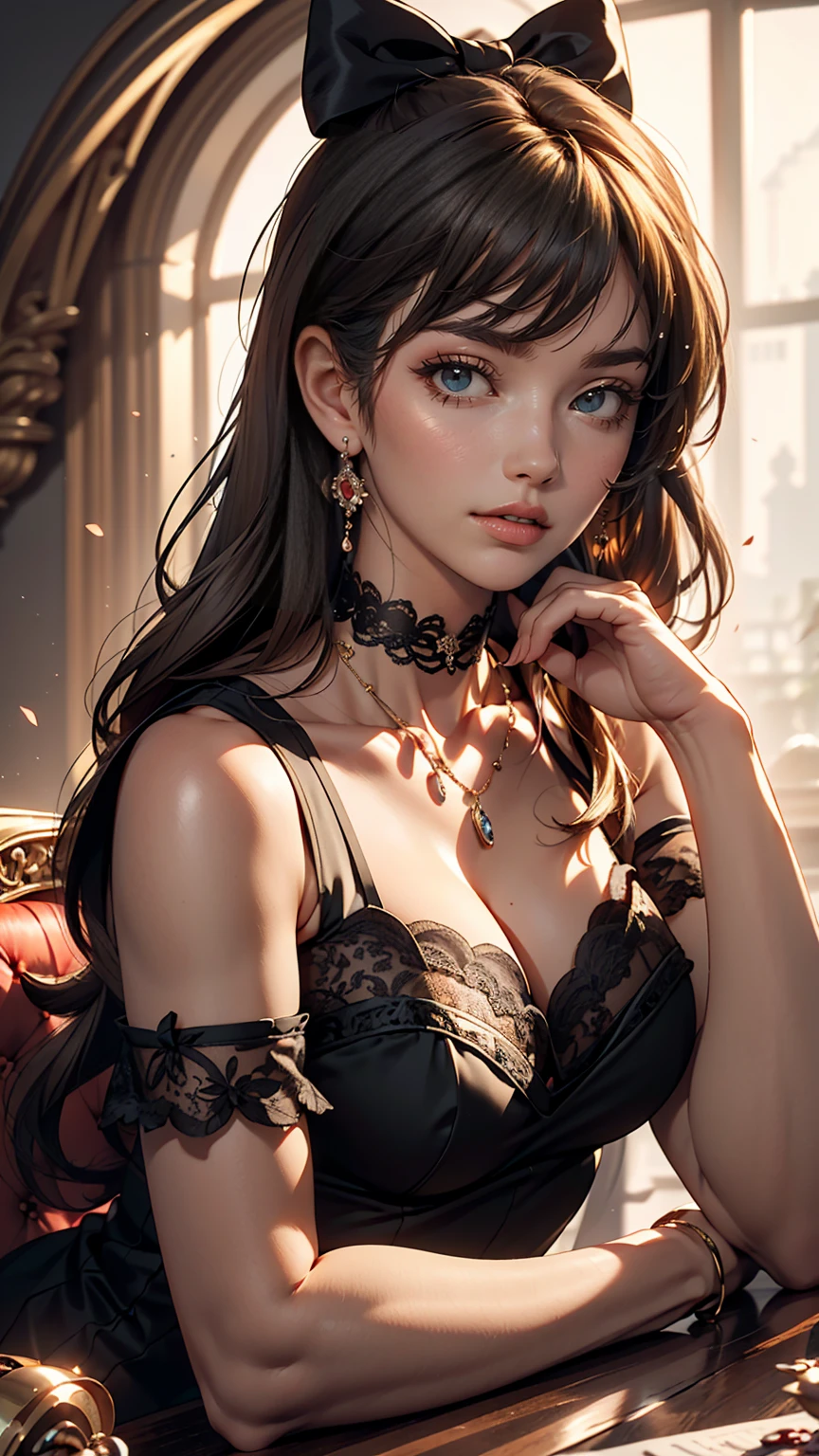 cute, ultra-detailed, figure, Complex, detailed, extremely detailed, detailed face, Soft Lighting, Soft Light, Soft Focus, Perfect Face, beautiful, Accurate anatomy, Exposure, 8k, 4K, (High resolution:1.1), highest quality, (masterpiece:1.3), One girl, alone, jewelry, Brown eyes, View your viewers, Earrings, Grey Hair, bangs, black lace choker, Mouth closed, Portraiture, clock, hair ornaments, Simple Background, Gray background, Long Hair, Headrest, lips, hair bow, black choker, bow, eyelash