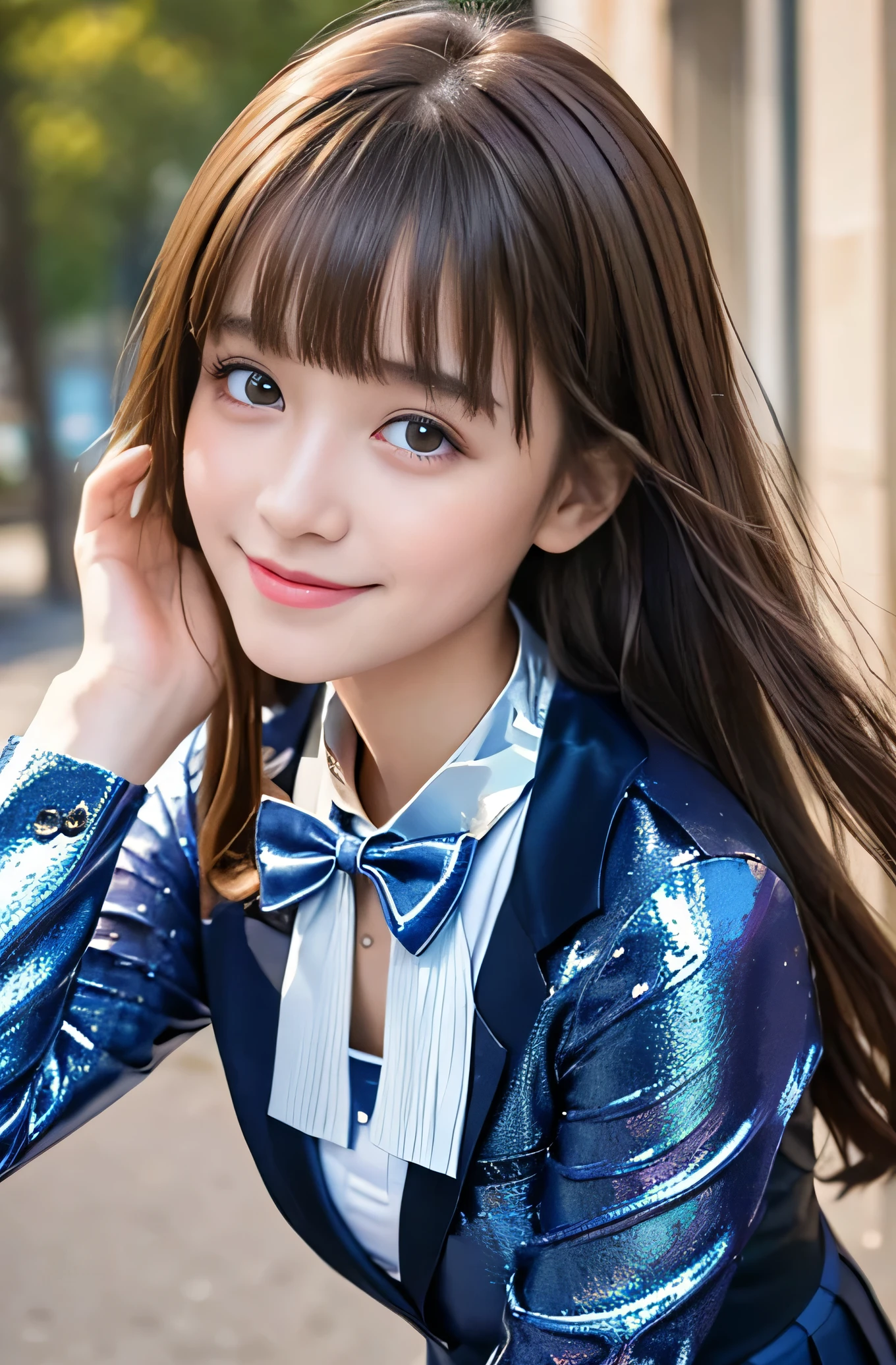Angelic Very pretty cute young girl,
very beautiful girl,
(V-line jaw),
Beautiful detailed brown eyes, (clear-eyed:1.3),
small straight nose,small mouth,
Detailed double eyelids,
(Large eyes:1.3),
Long straight brown hair,
see-through bangs,
beautiful detailed face and eyes,
smiling, in the street,
BREAK
(super shiny metallic dark blue blazer:1.2),metallic pearl white school blouse,(shiny metallic bright pink neck bow tie:1.2),(super shiny metallic dark red pleat skirt :1.5),(school uniform with super reflective surfaces:1.5),
(Very beautiful cute girl:1.2),
Very pretty cute young girl,
V-line jaw,
Beautiful detailed eyes,
very beautiful girl,
Detailed double eyelids,
(Large eyes:1.3),
Long straight brown hair,
see-through bangs,
beautiful detailed face and eyes,
smiling,
break
(Very beautiful cute girl, Beautiful detailed eyes, Detailed double eyelids:1.3),
(Soft Saturation: 1.3),
(Fair skin: 1.4),
(Large eyes:1.4),
break
Very beautiful cute girl,
Sharp Focus,
brown hair,
Very beautiful cute girl,
Raw photo,
High resolution,
perfect detail,
Professional Photography, Professional Lighting,
strong lighting,
break
(smile:1.6),(5 yo:1.3)
