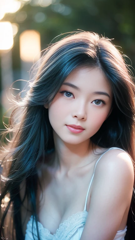 Gentle portrait of a beautiful Asian woman, flowing  hair, captivating blue eyes, delicate features, radiant smile, natural makeup, elegantly dressed, gentle expression, slight blush, warm skin tones, fantastic lighting, soft shadows, high-resolution digital painting, realistic style, artistic interpretation, by a skilled portraitist.