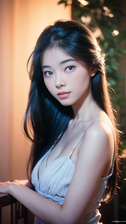 Gentle portrait of a beautiful Asian woman, flowing  hair, captivating blue eyes, delicate features, radiant smile, natural makeup, elegantly dressed, gentle expression, slight blush, warm skin tones, fantastic lighting, soft shadows, high-resolution digital painting, realistic style, artistic interpretation, by a skilled portraitist.