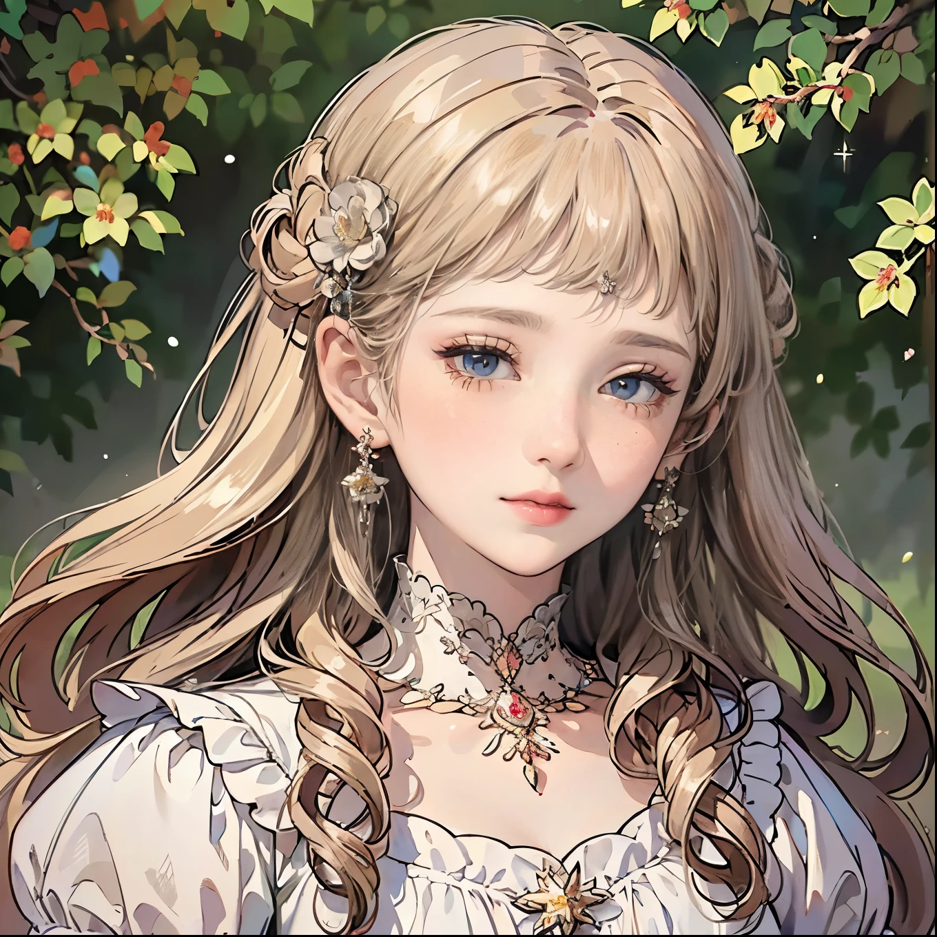 (best quality,8K,CG,Detailed upper body,,girl,Flower Dress,Forest background,expressive facial features,elegant long hair,Almond eyes,Exquisite eye makeup,Long fluttering eyelashes,Blinking eyes widely,Twinkling Stars,Intricate lip details,Pastel style)