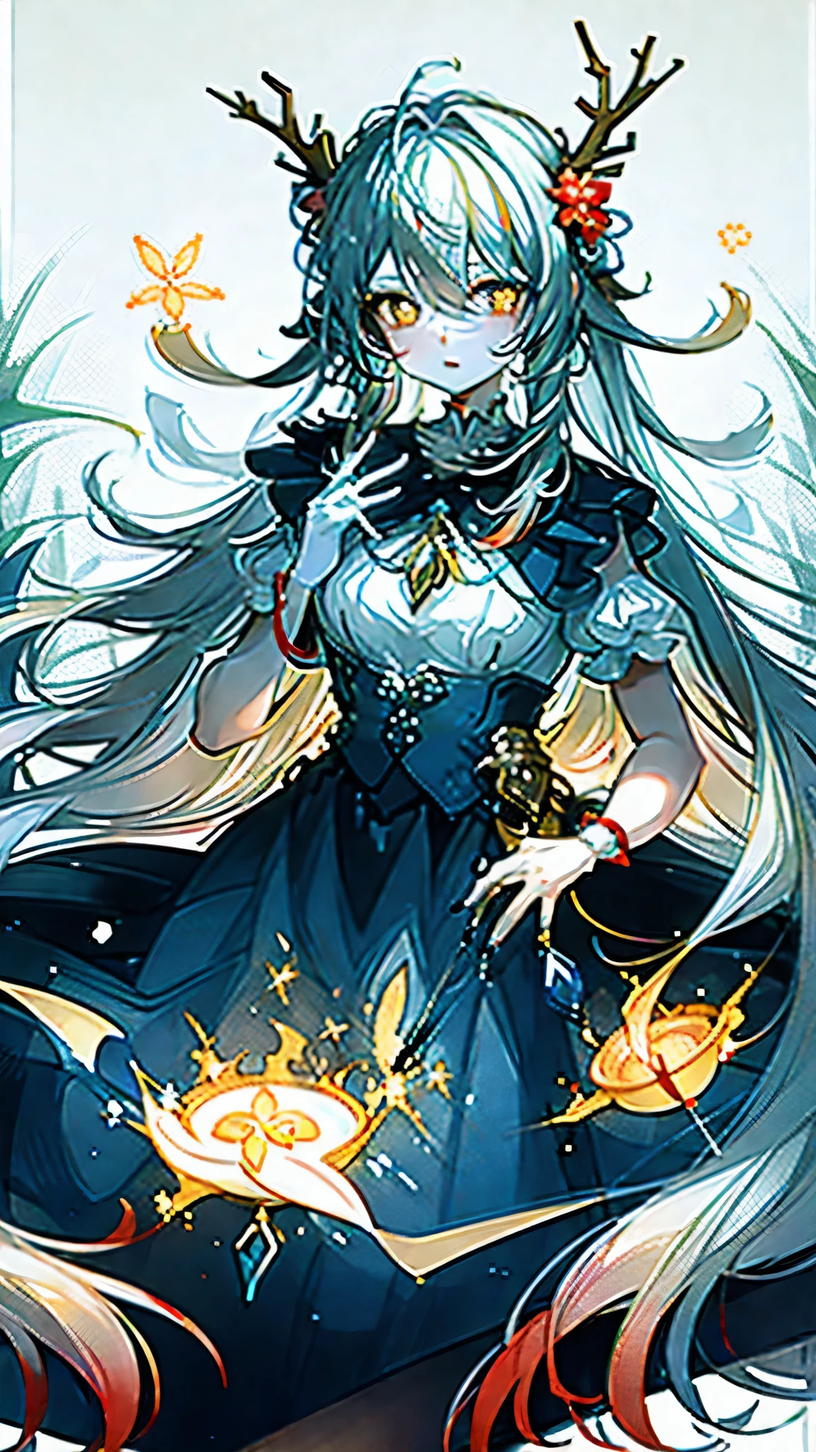 A woman with white antlers,Many white flowers grow on the corners,Snow-white hair hangs on it,Wearing priestly clothing,Holding a golden staff,To see a golden gourd hanging