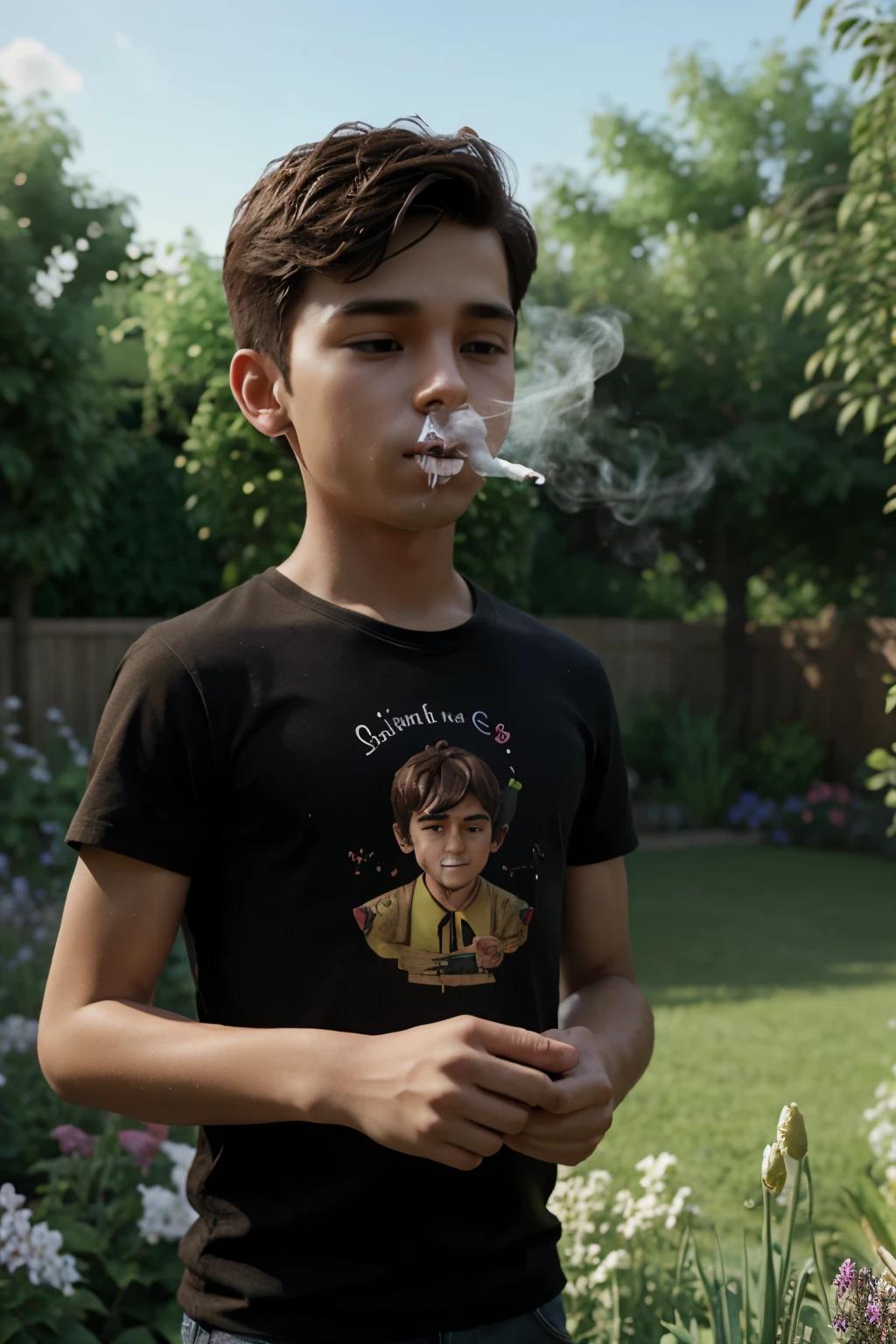 3D caricature of a boy smoking in a garden and daydreaming