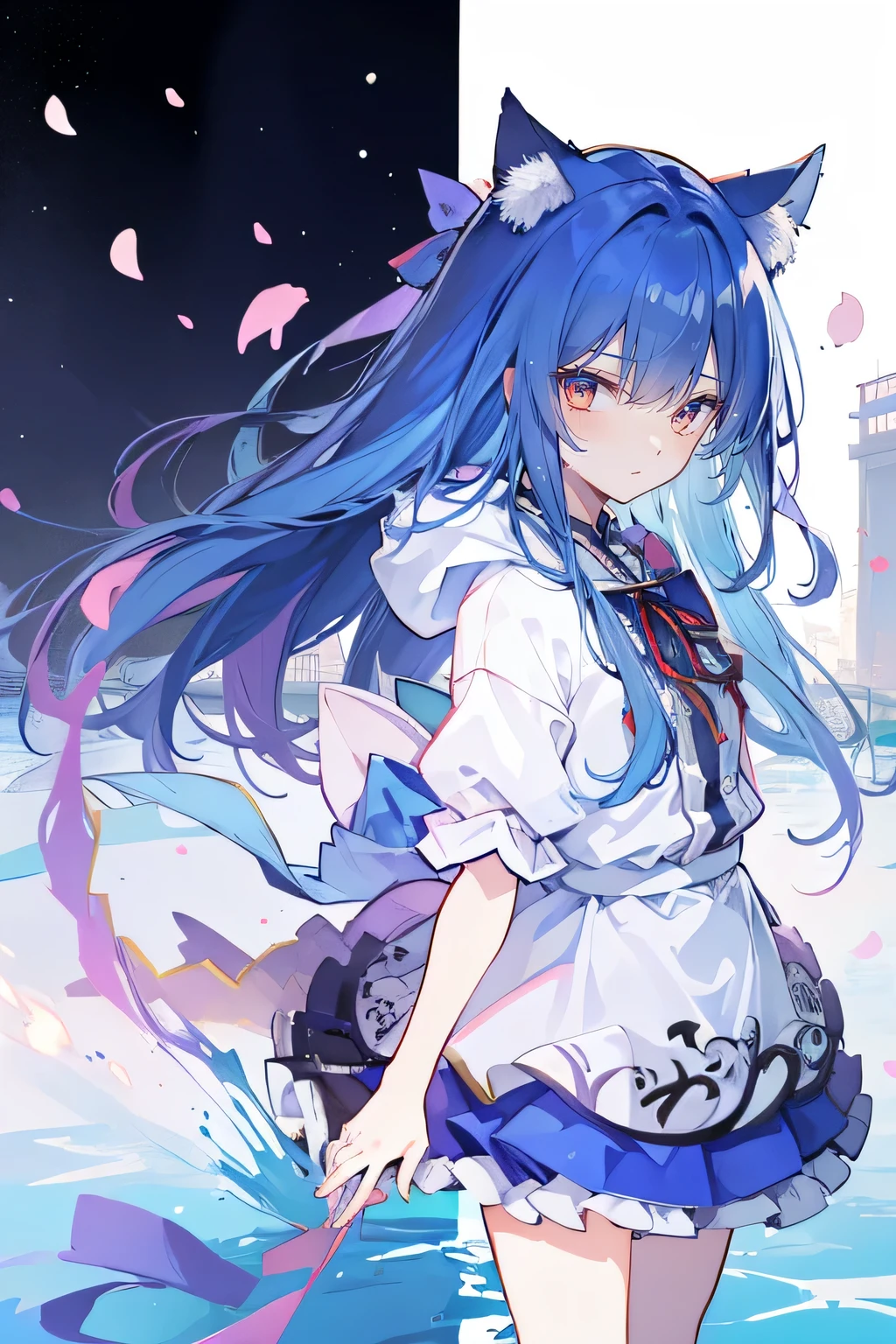 (masterpiece:1.2),Super detailed,lifelike,Expressive eyes,fair skin,perfect face shape,1 girl,
Japanese comics,Gorgeous blue hair,flowing blue hair,flowing clothes,Cat ears,Petals fall,beautiful lola,Baby Angel,
Shaking head with one hand,Cross your legs,Gentle and peaceful background,The pavilion is cool and comfortable,smile, wearing hoodie, background of tokyo,back views,snowing, winter,lie on the water.