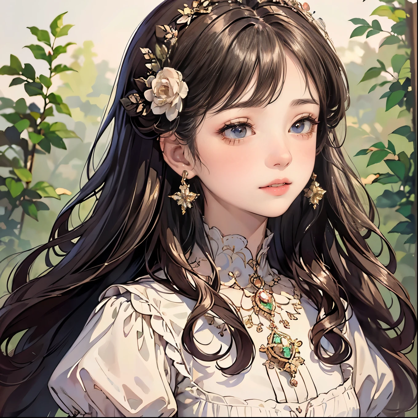(best quality,8K,CG,Detailed upper body,,girl,Flower Dress,Forest background,expressive facial features,elegant long hair,Almond eyes,Exquisite eye makeup,Long fluttering eyelashes,Blinking eyes widely,Twinkling Stars,Intricate lip details,Pastel style)