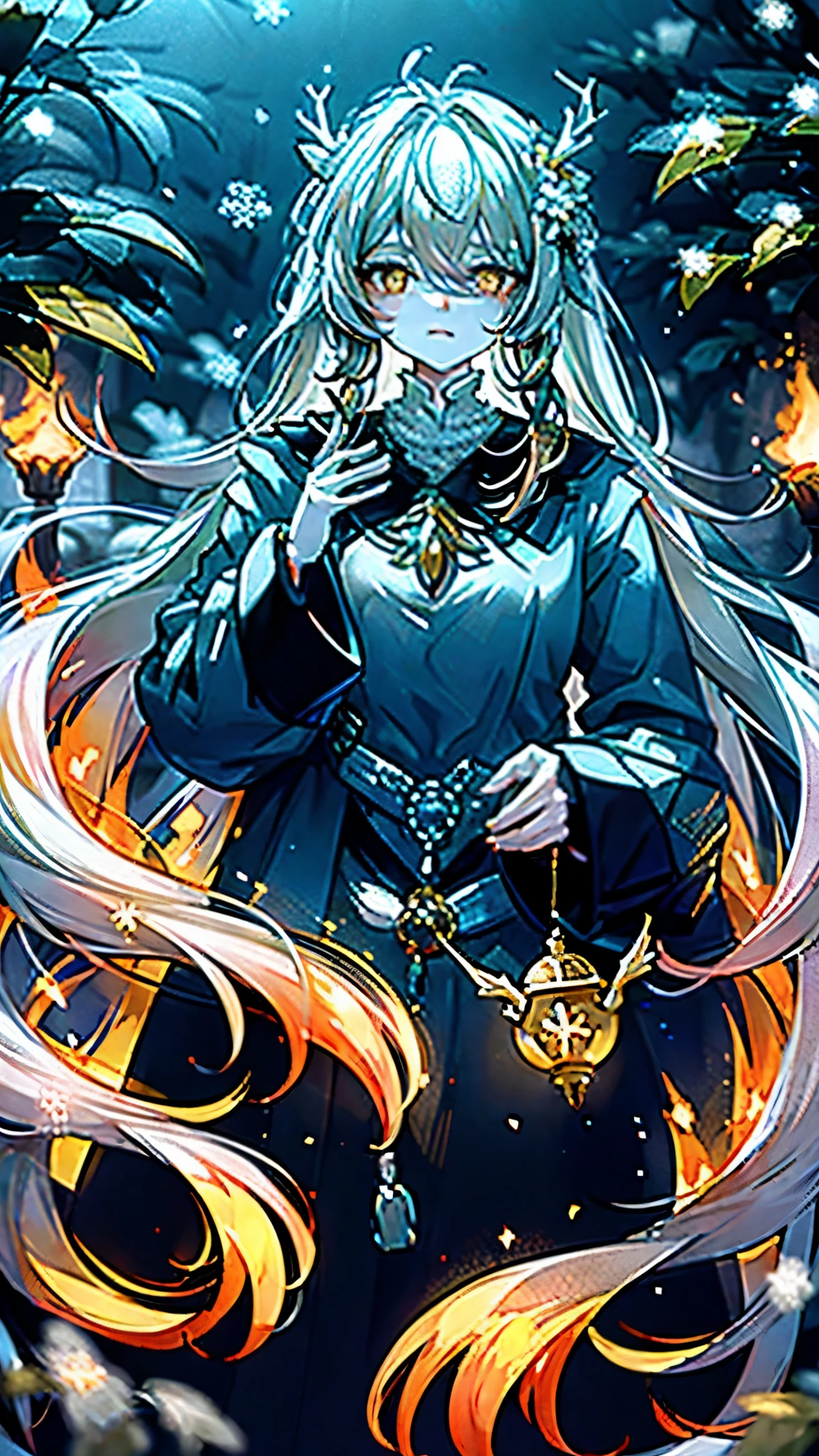 A woman with white antlers,Many white flowers grow on the corners,Snow-white hair hangs on it,Wearing priestly clothing,Holding a golden staff,To see a golden gourd hanging