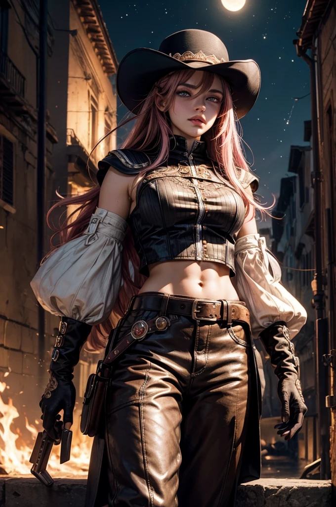 neopolitan, neopolitan, long hair, brown hair, (brown eyes:1.3), brown eyes, pink eyes, (heterochromia:1.2), two-tone hair, split-color hair, pink hair, brown hair, multicolored hair, BREAK gloves, hat, navel, detached sleeves, midriff, belt, pants, white gloves, black headwear, bowler hat, BREAK outdoors, night, stars, moon, post-apocalypse, dystopian future, venice, italy,  river, gondola, (crowd in military uniforms), bonfires, BREAK looking at viewer, (cowboy shot:1.5), BREAK (masterpiece:1.2), best quality, high resolution, unity 8k wallpaper, (illustration:0.8), (beautiful detailed eyes:1.6), extremely detailed face, perfect lighting, extremely detailed CG, (perfect hands, perfect anatomy),