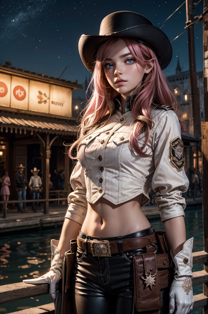 neopolitan, neopolitan, long hair, brown hair, (brown eyes:1.3), brown eyes, pink eyes, (heterochromia:1.2), two-tone hair, split-color hair, pink hair, brown hair, multicolored hair, BREAK gloves, hat, navel, detached sleeves, midriff, belt, pants, white gloves, black headwear, bowler hat, BREAK outdoors, night, stars, moon, post-apocalypse, dystopian future, venice, italy,  river, gondola, (crowd in military uniforms), bonfires, BREAK looking at viewer, (cowboy shot:1.5), BREAK (masterpiece:1.2), best quality, high resolution, unity 8k wallpaper, (illustration:0.8), (beautiful detailed eyes:1.6), extremely detailed face, perfect lighting, extremely detailed CG, (perfect hands, perfect anatomy),