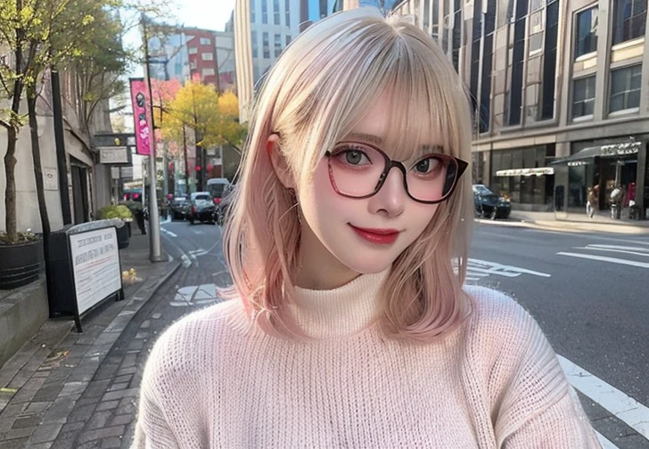 highest quality, shape, Very detailed, finely, High resolution, 8k wallpaper,, finelyて美しい目, Wearing a pale pink knit,Medium Hair,Natural color lip, smile、cute、Blonde、The background is the city、Upper Body、Long legs、Wearing glasses、22 years old