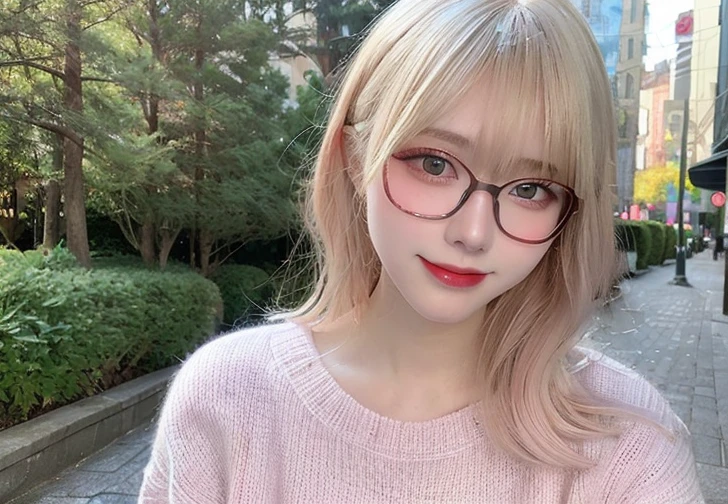 highest quality, shape, Very detailed, finely, High resolution, 8k wallpaper,, finelyて美しい目, Wearing a pale pink knit,Medium Hair,Natural color lip, smile、cute、Blonde、The background is the city、Upper Body、Long legs、Wearing glasses、22 years old